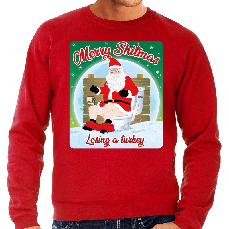 Rode foute kersttrui-sweater Merry Shitmas losing a turkey voor heren