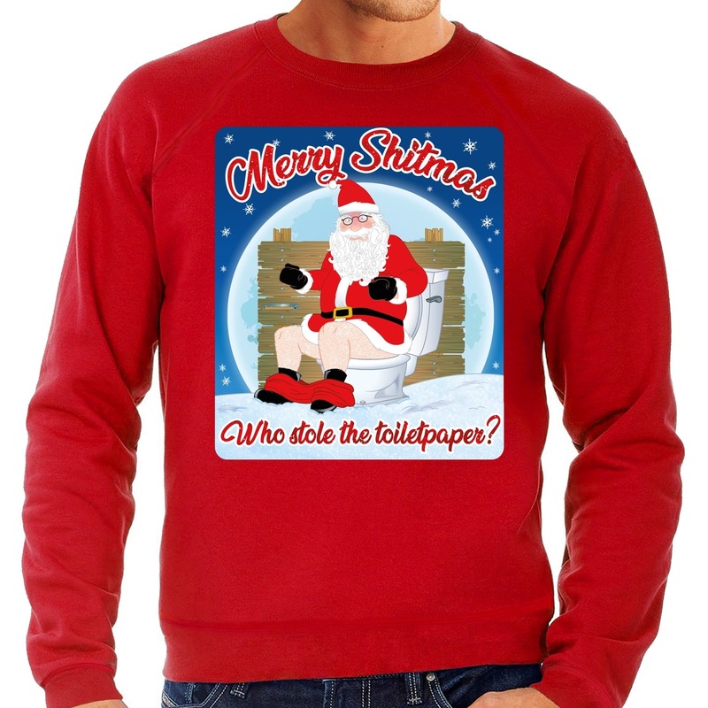 Rode foute kersttrui-sweater Merry Shitmas who stole the toiletpaper voor heren