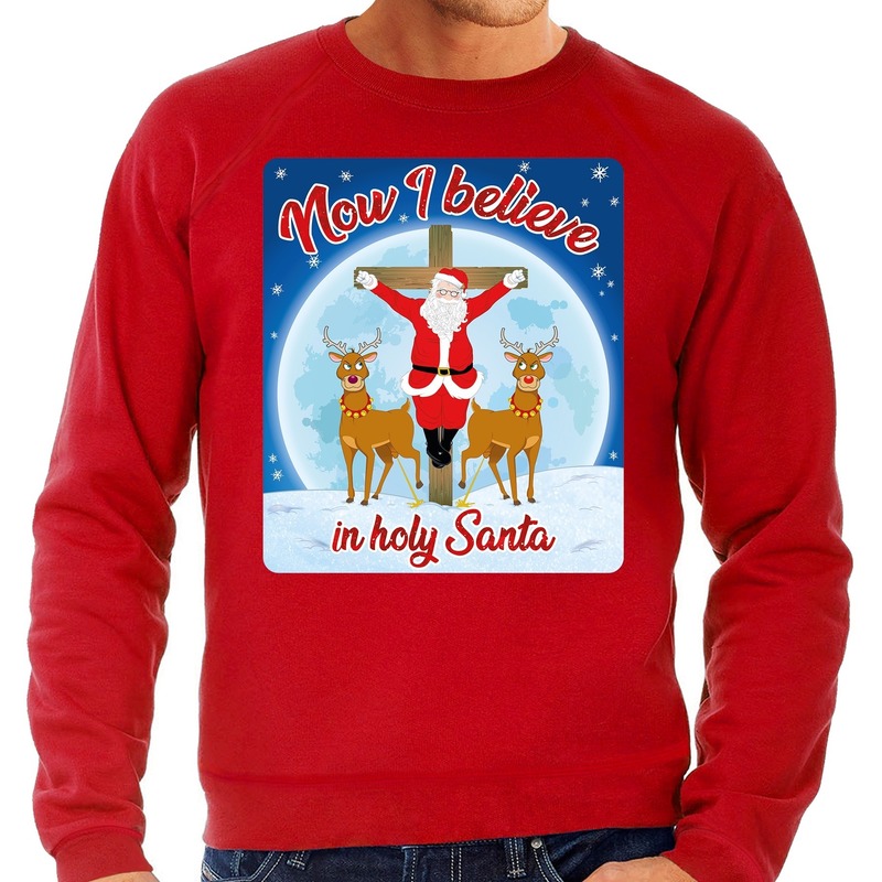 Rode foute kersttrui-sweater Now i believe in holy Santa voor heren