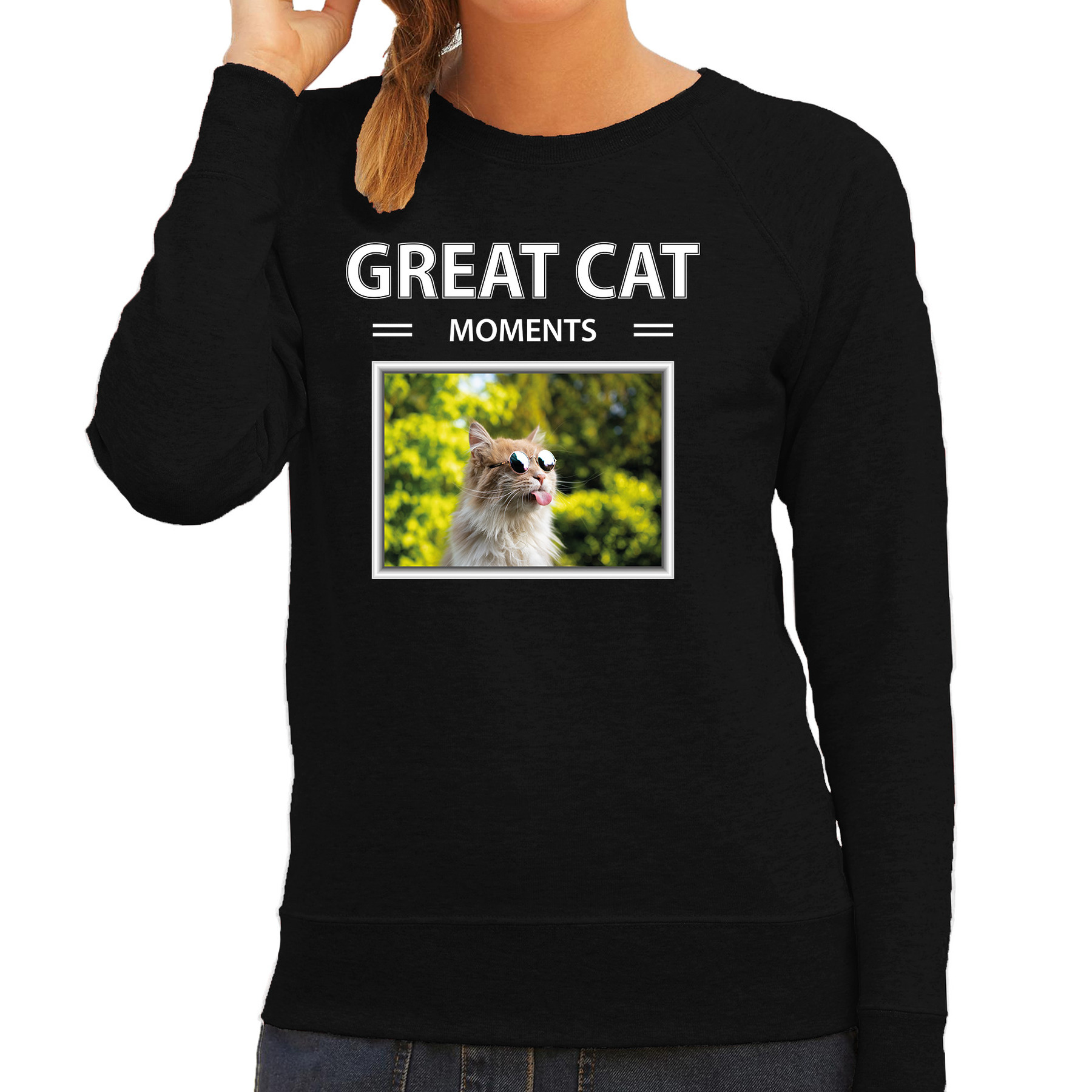 Rode katten trui-sweater met dieren foto great cat moments zwart voor dames
