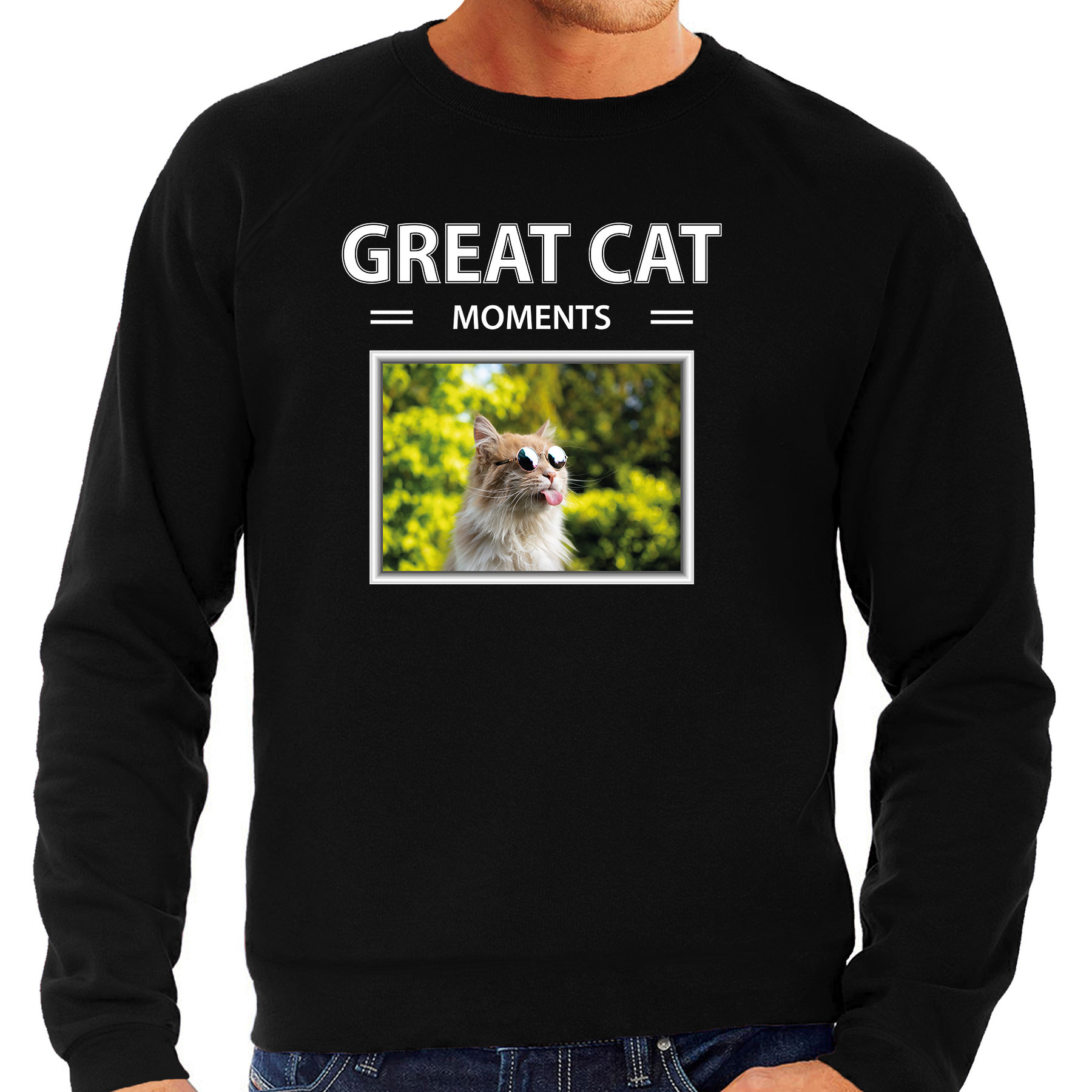 Rode katten trui-sweater met dieren foto great cat moments zwart voor heren