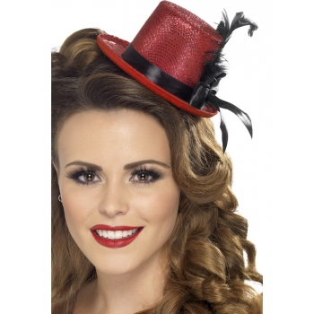 Rode mini hoge hoed met veer Carnaval verkleed hoedjes