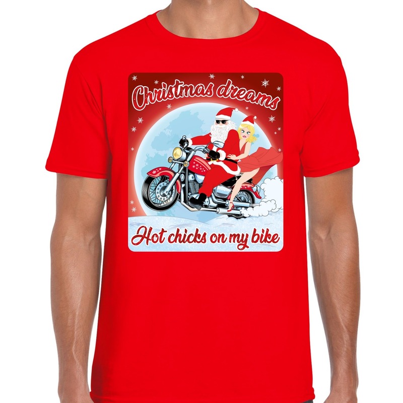 Rood fout kerstshirt-t-shirt christmas dreams hot chicks on my bike voor motor fans voor heren
