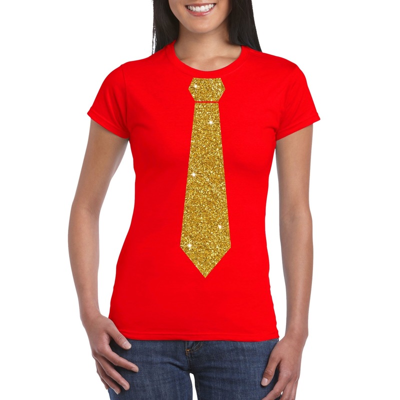 Rood fun t-shirt met stropdas in glitter goud dames