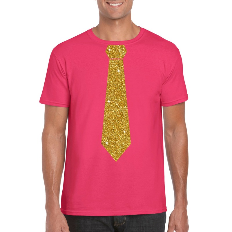 Roze fun t-shirt met stropdas in glitter goud heren