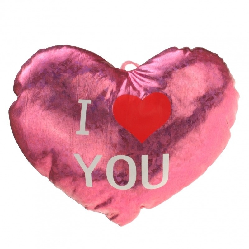 Roze glimmend harten kussen I Love You 14 cm