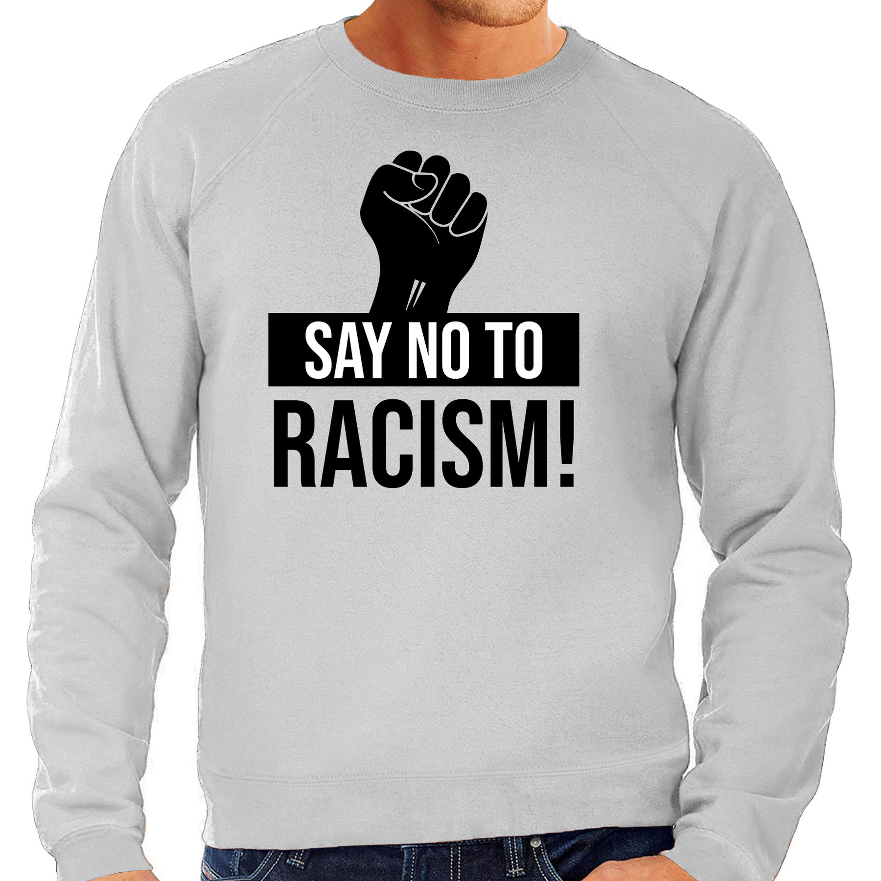 Say no to racism demonstratie-protest sweater grijs voor heren