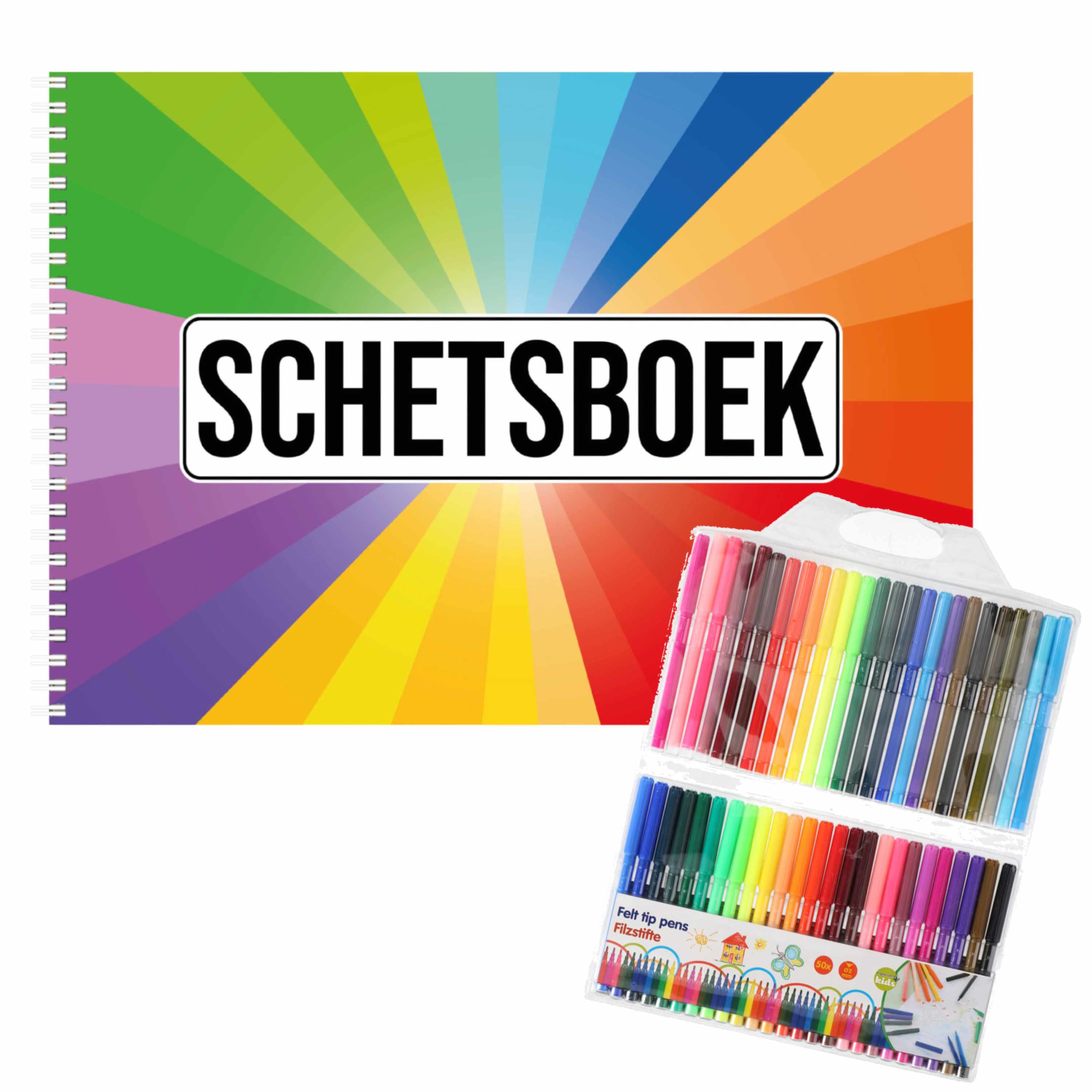 Schetsboek Kleurenwaaier thema A4 50 paginas met 50 viltstiften