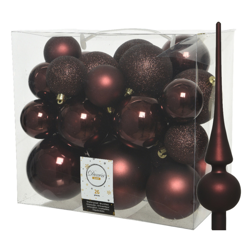 Set van 26x stuks kunststof kerstballen incl. glazen piek mat mahonie bruin