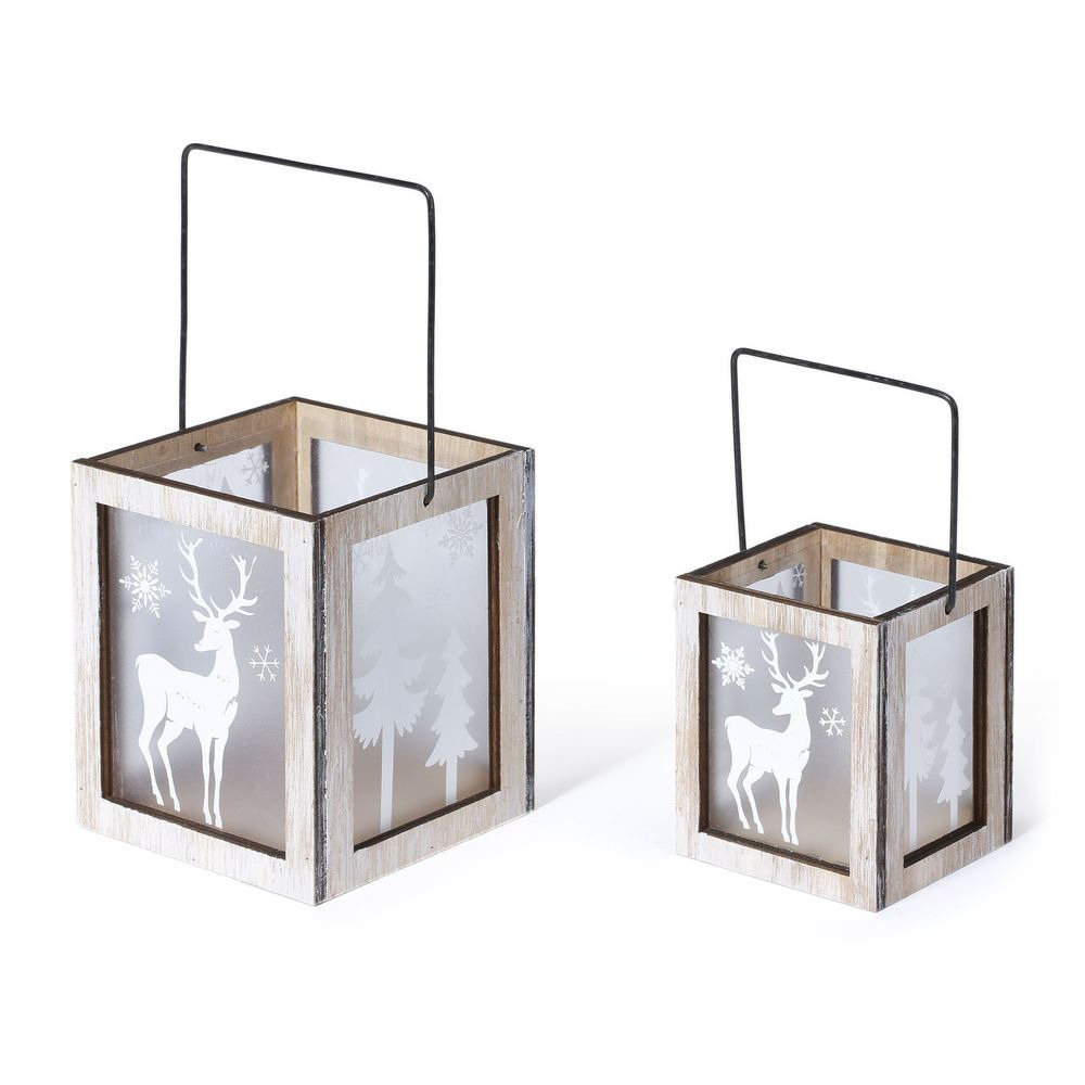 Set van 2x stuks kerst lantaarns-windlichten met rendieren print 8,5 en 11 cm