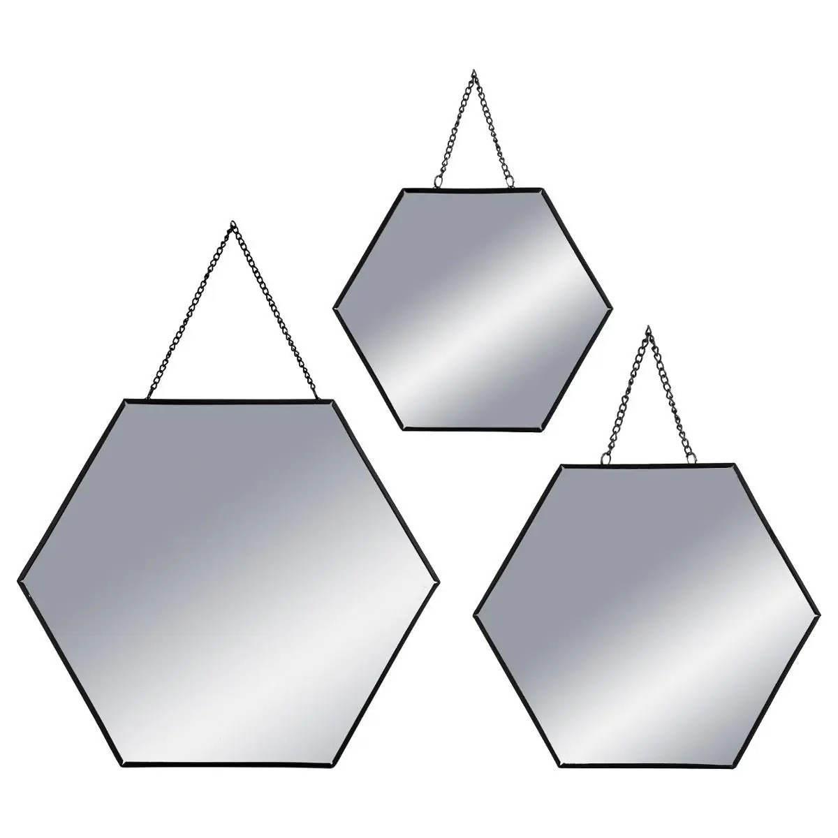 Set van 3x spiegels-wandspiegels hexagon metaal zwart met ketting