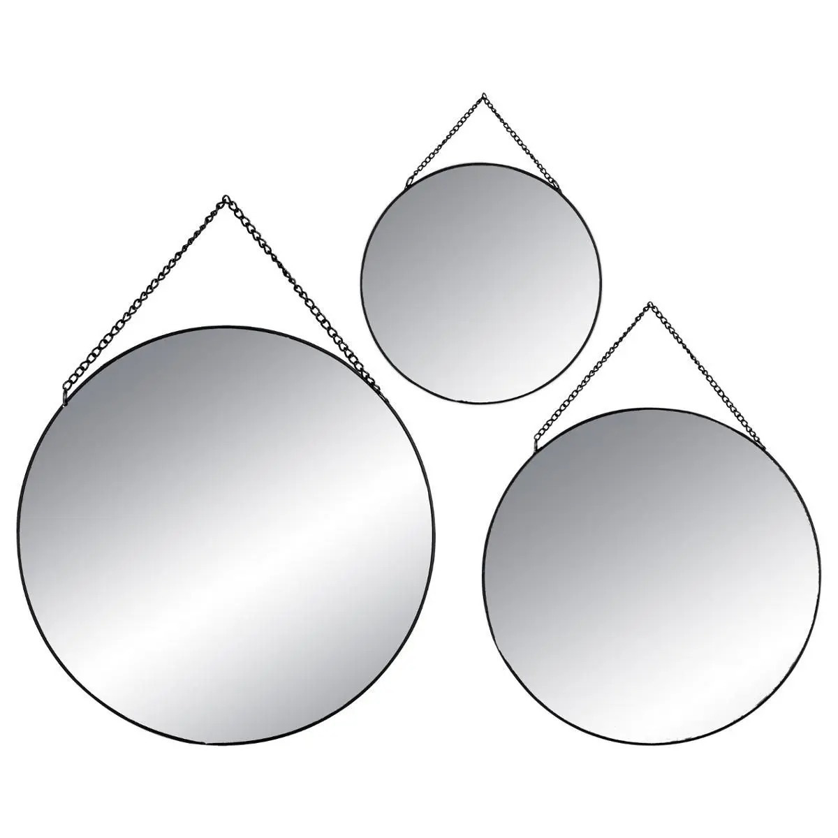 Set van 3x spiegels-wandspiegels rond metaal zwart met ketting