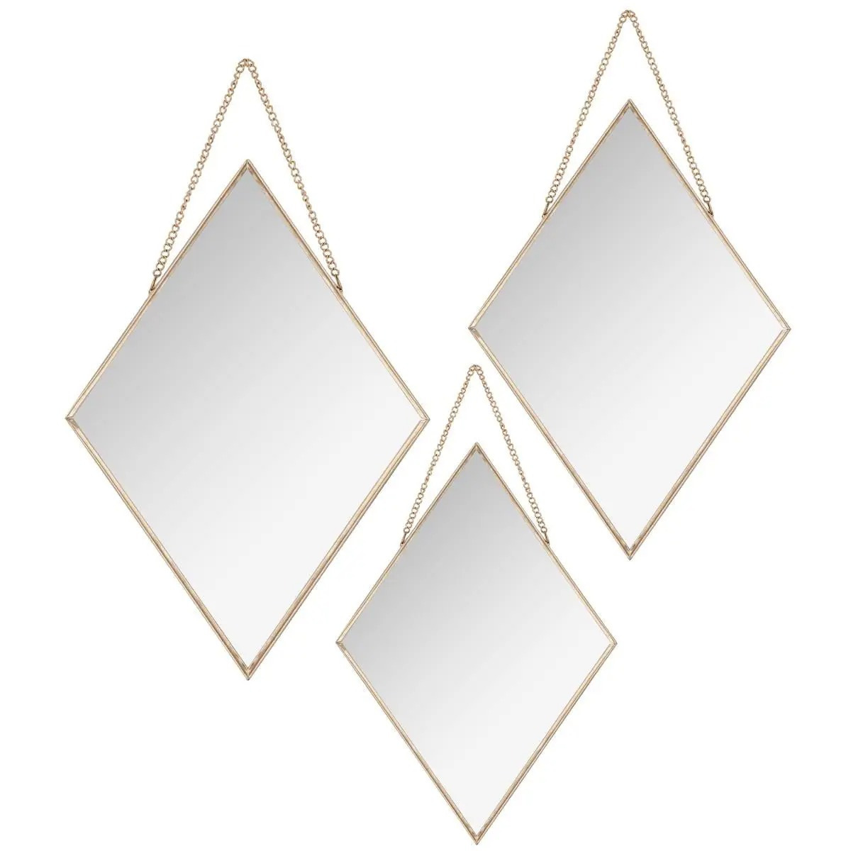 Set van 3x spiegels-wandspiegels ruit metaal goud met ketting