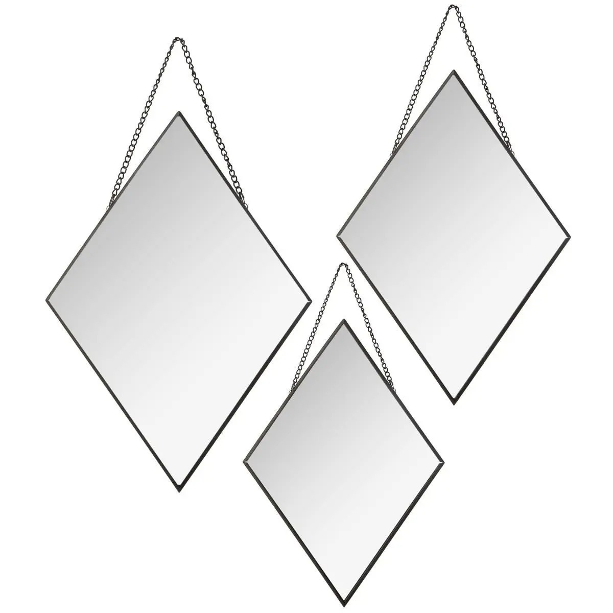 Set van 3x spiegels-wandspiegels ruit metaal zwart met ketting