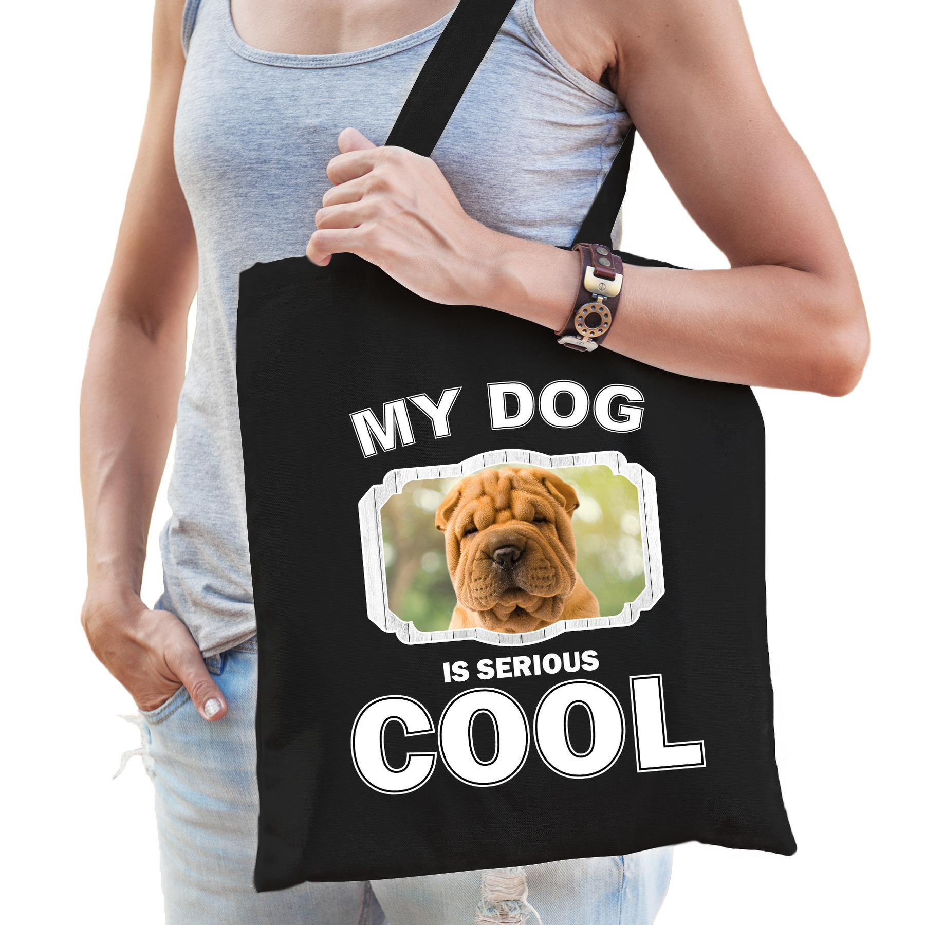 Shar pei honden tasje zwart volwassenen en kinderen my dog serious is cool kado boodschappentasje
