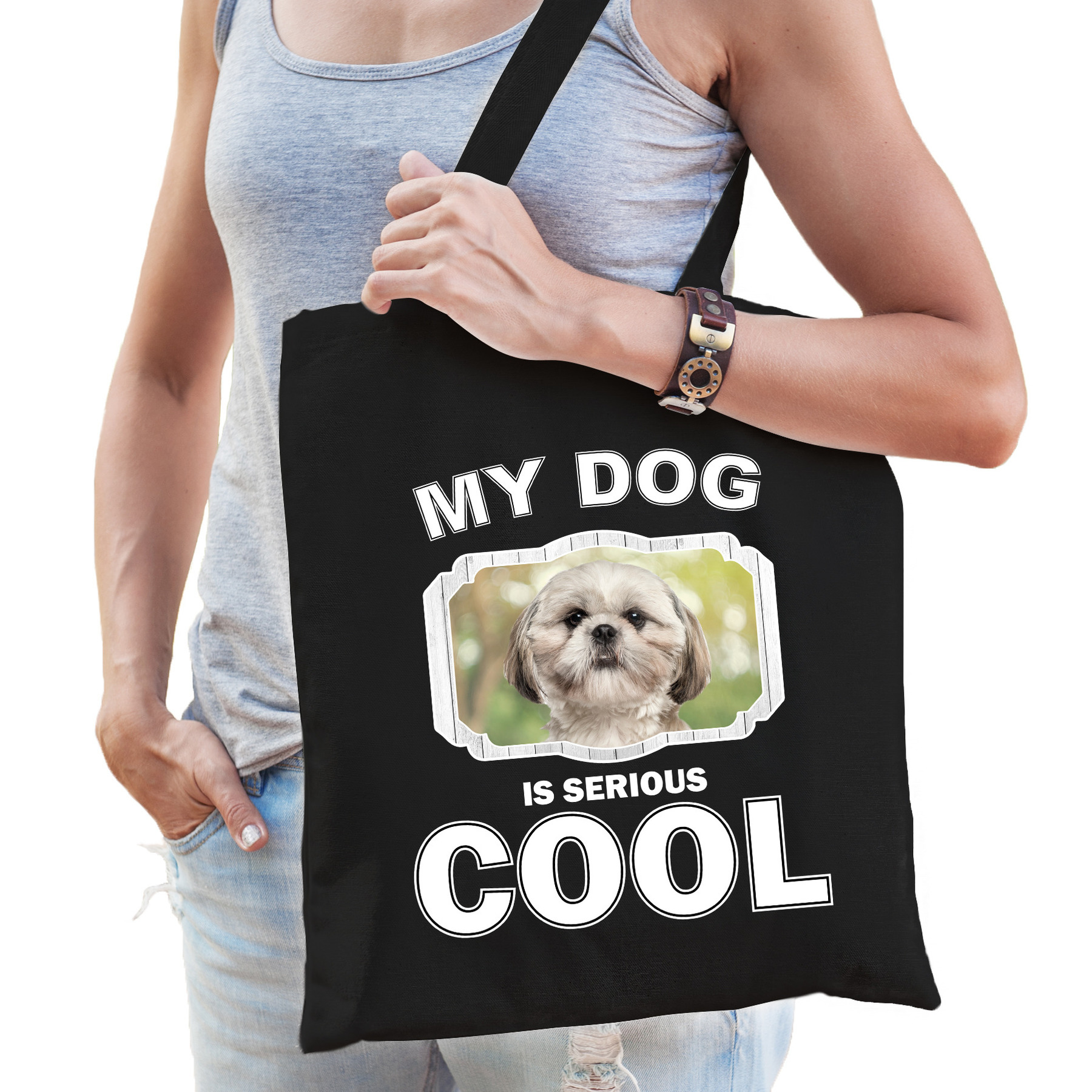 Shih tzu honden tasje zwart volwassenen en kinderen my dog serious is cool kado boodschappentasje