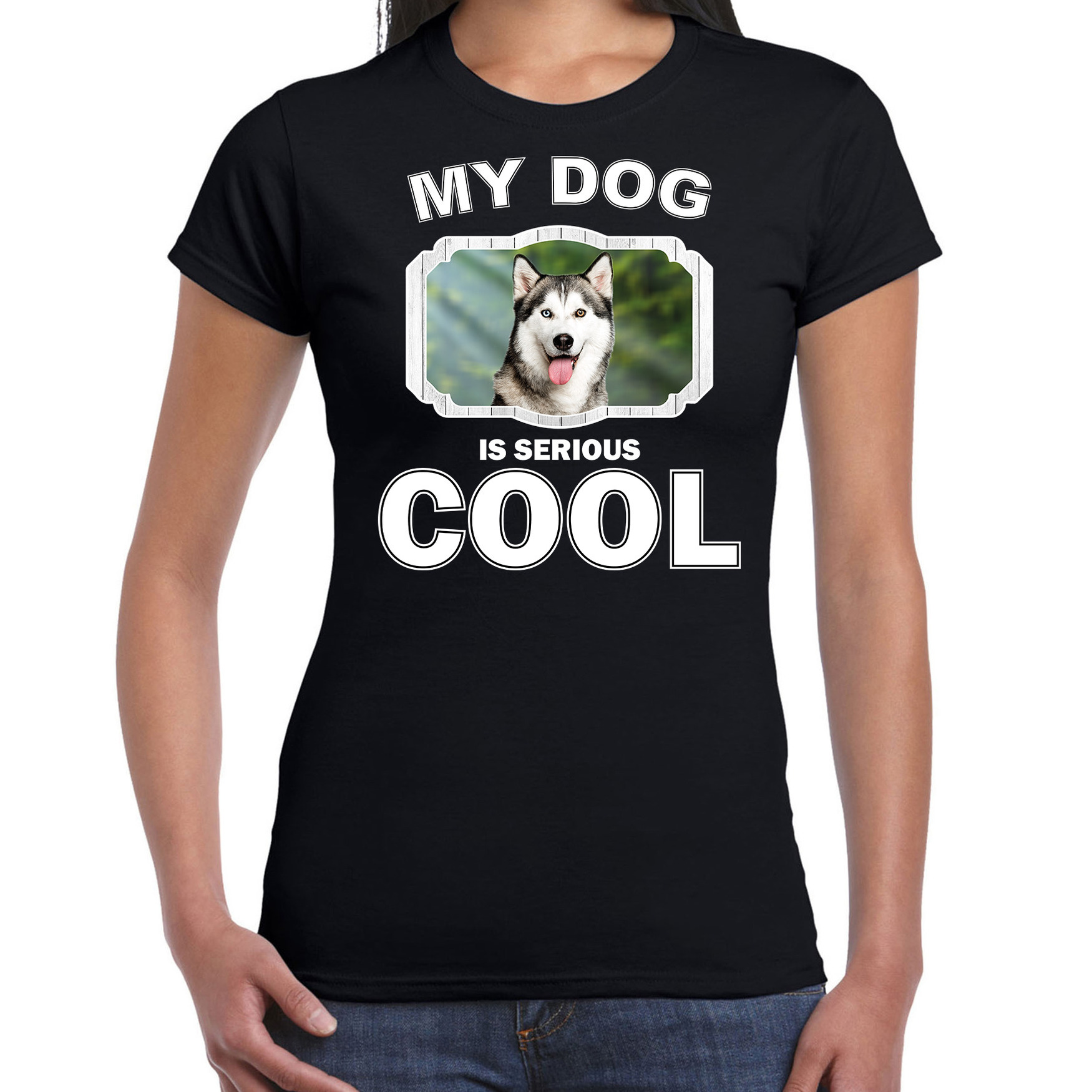 Siberische huskys honden t-shirt my dog is serious cool zwart voor dames