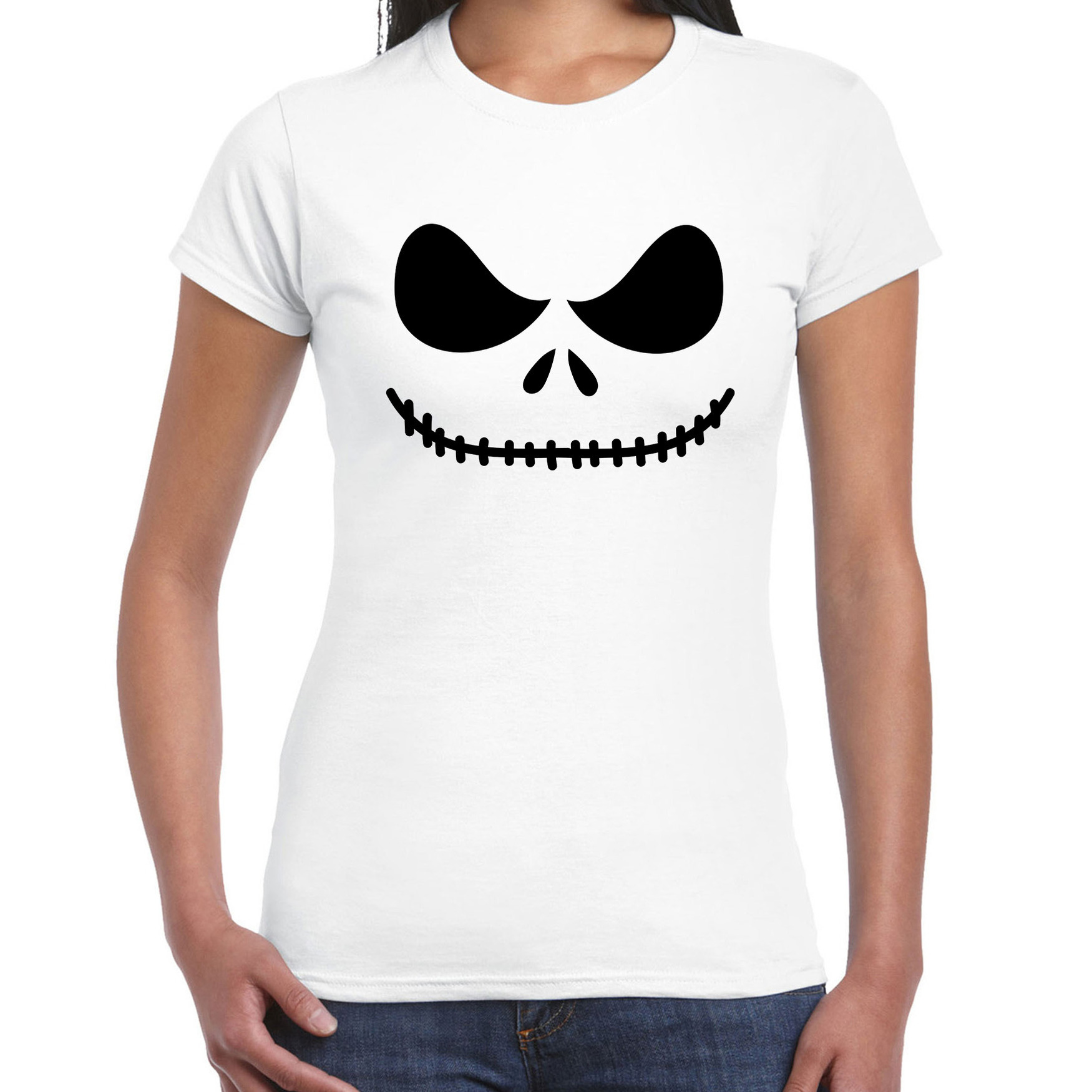 Skelet gezicht Halloween verkleed t-shirt wit voor dames