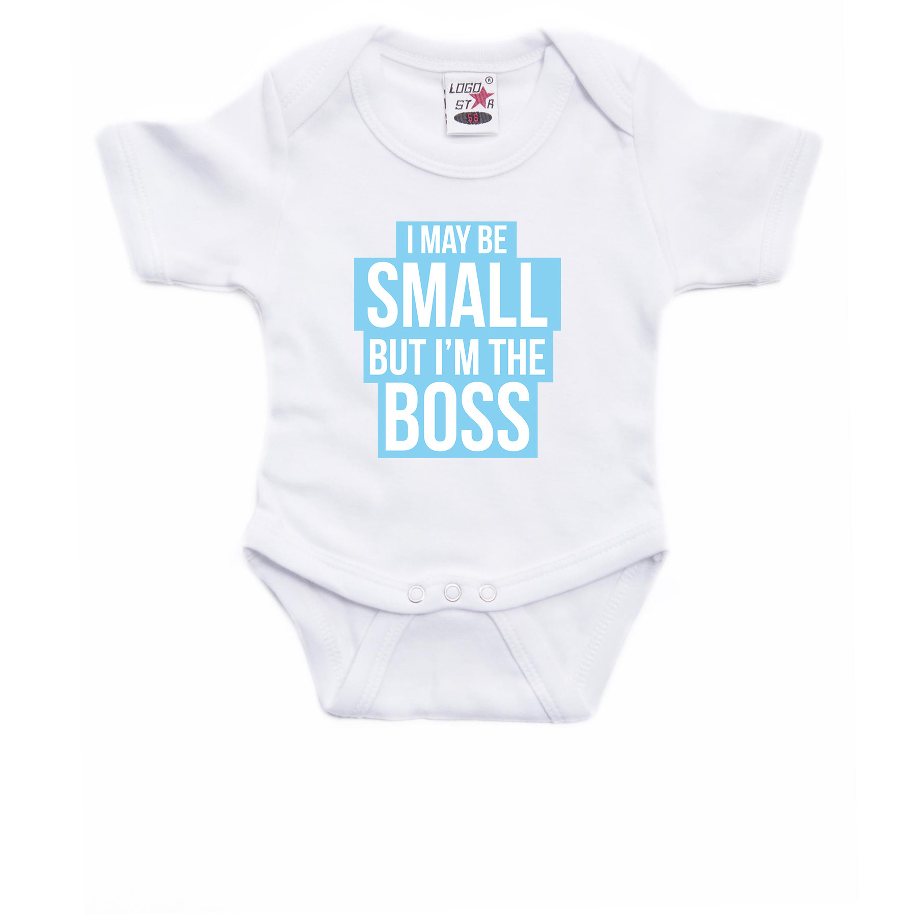 Small but the boss cadeau baby rompertje blauw-wit jongens