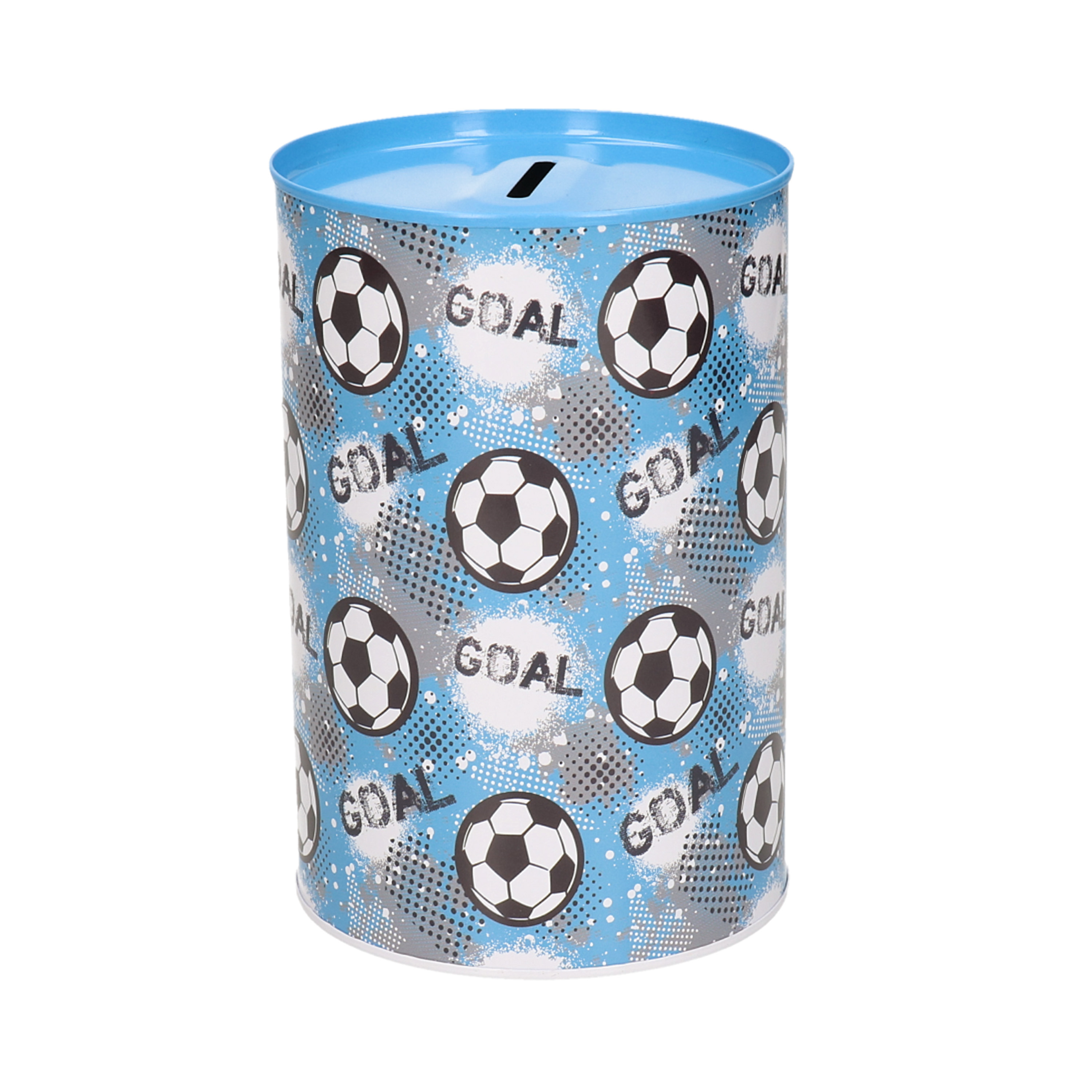 Spaarpot blik goal voetbal blauw 10 x 15 cm