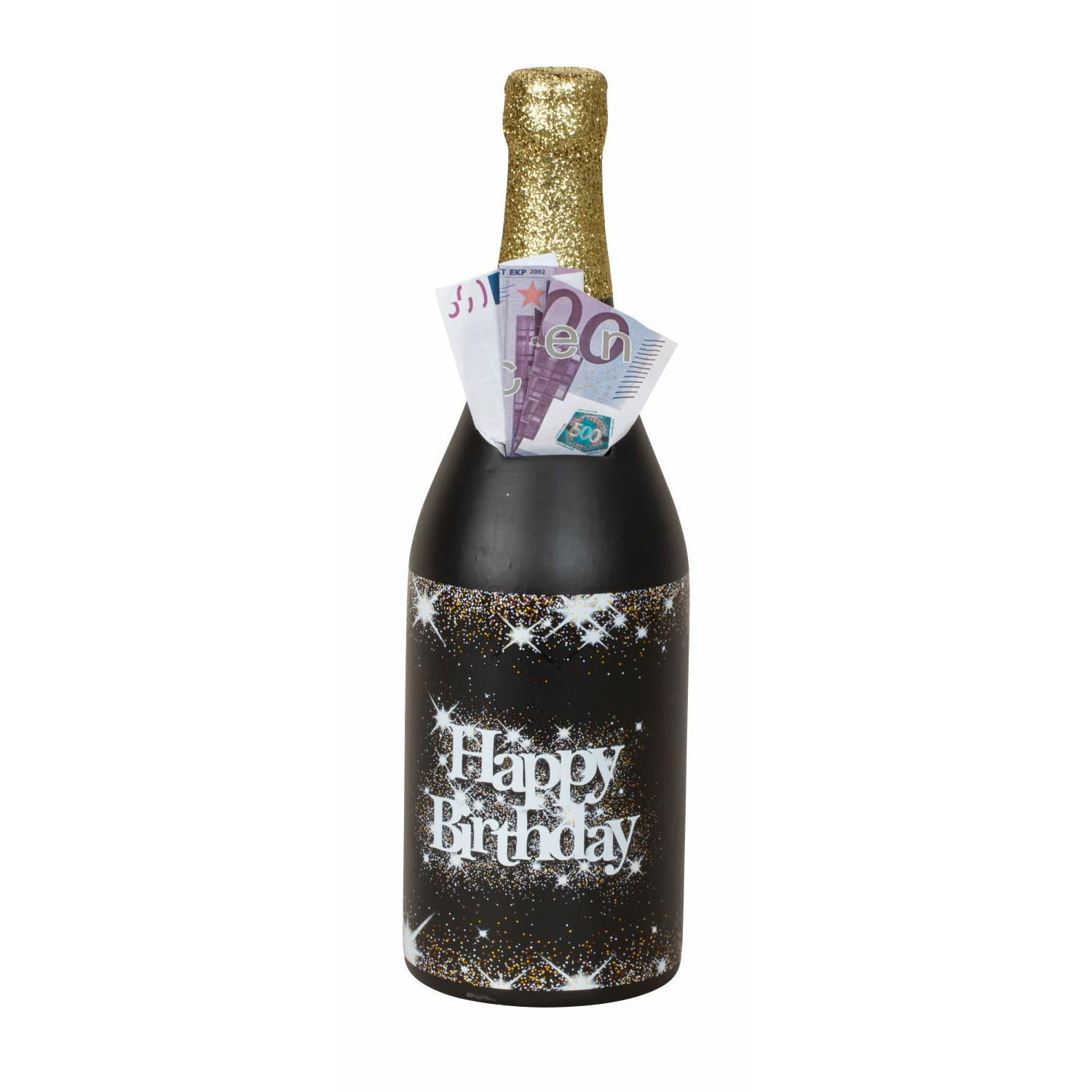 Spaarpot voor volwassenen wijnfles-champagnefles Happy Birthday H31 x B10 cm