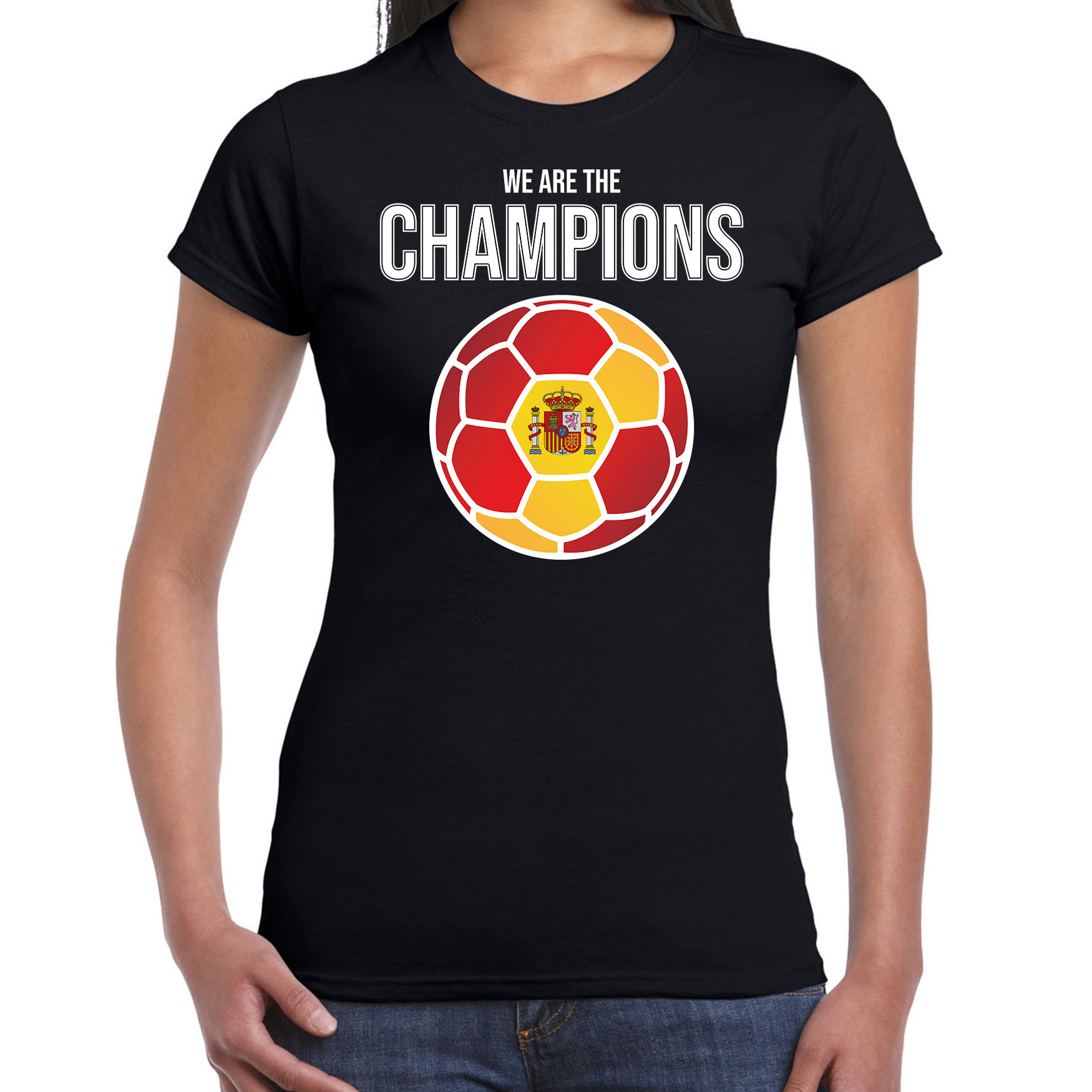 Spanje EK- WK supporter t-shirt we are the champions met Spaanse voetbal zwart dames