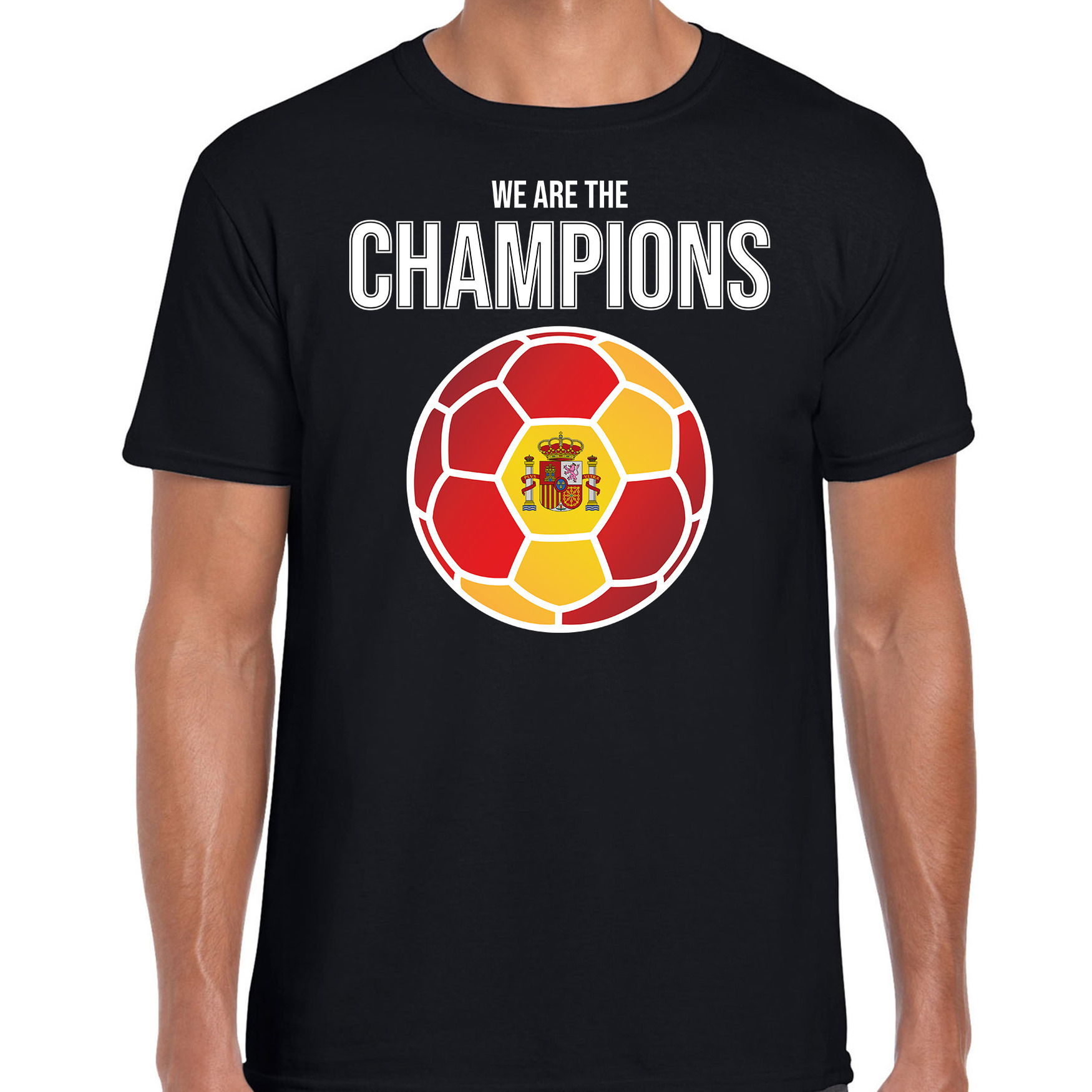 Spanje EK- WK supporter t-shirt we are the champions met Spaanse voetbal zwart heren