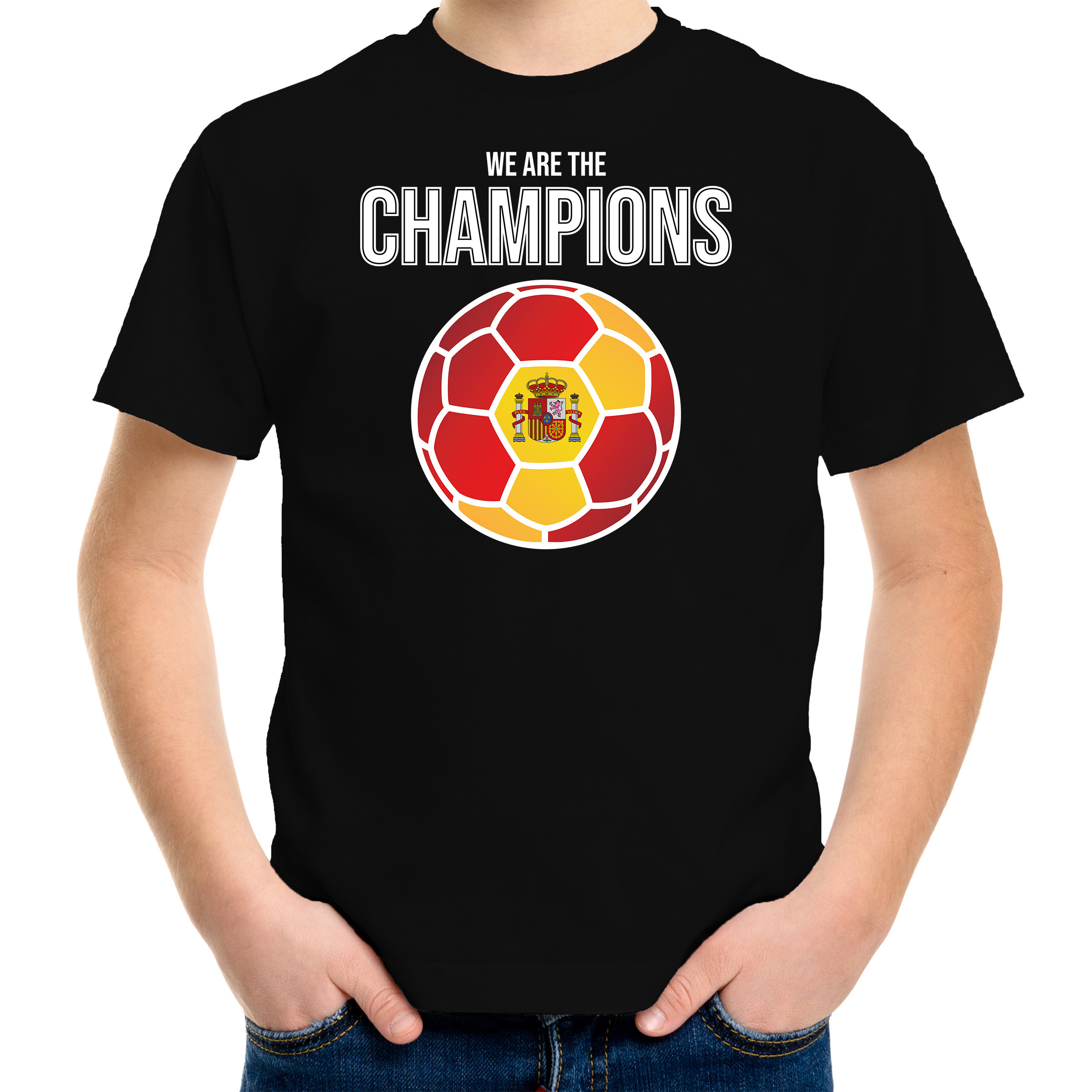 Spanje EK- WK supporter t-shirt we are the champions met Spaanse voetbal zwart kinderen