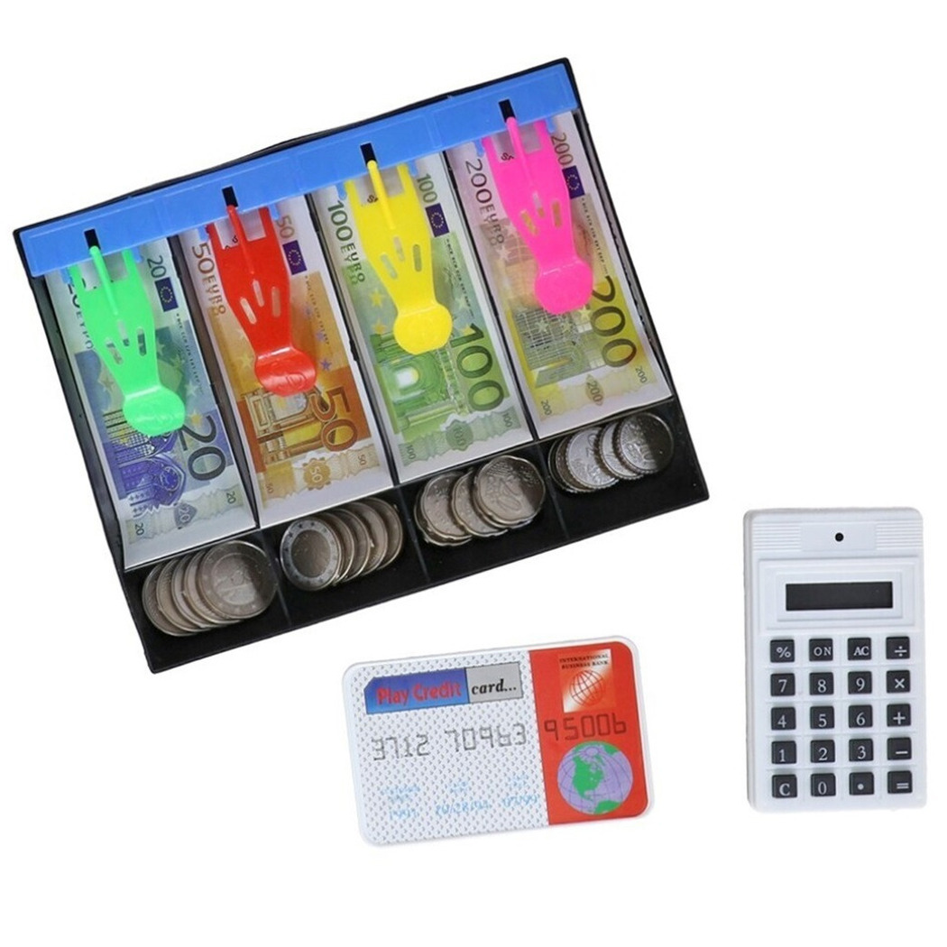 Speelgeld set in kassa lade met rekenmachine en bankpasje Winkeltje spelen