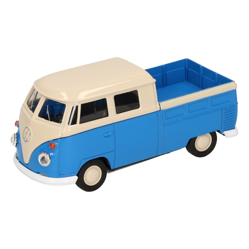 Speelgoedauto Volkswagen T1 pick up transporterbusje blauw 12 cm