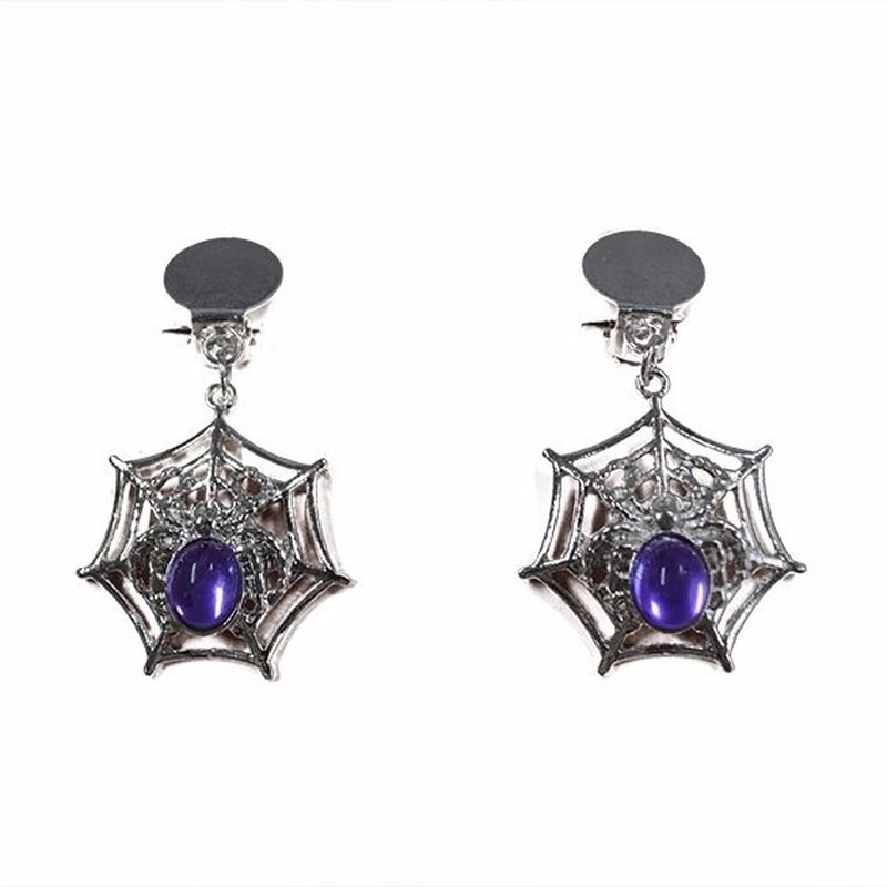 Spinnenweb oorbelletjes paars-zilver verkleedaccessoire voor dames
