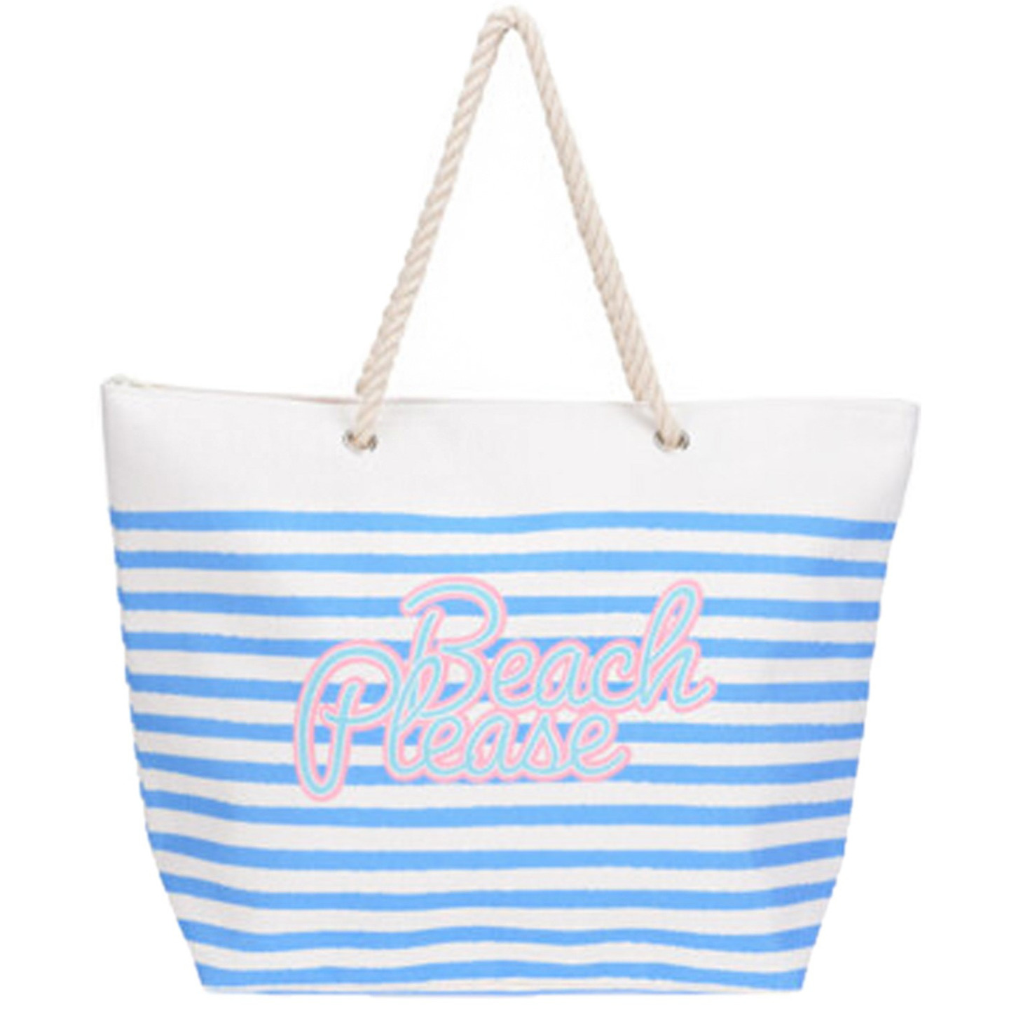 Strandtas met handvat wit-blauw gestreept met Beach Please print polyester 38 x 39 cm