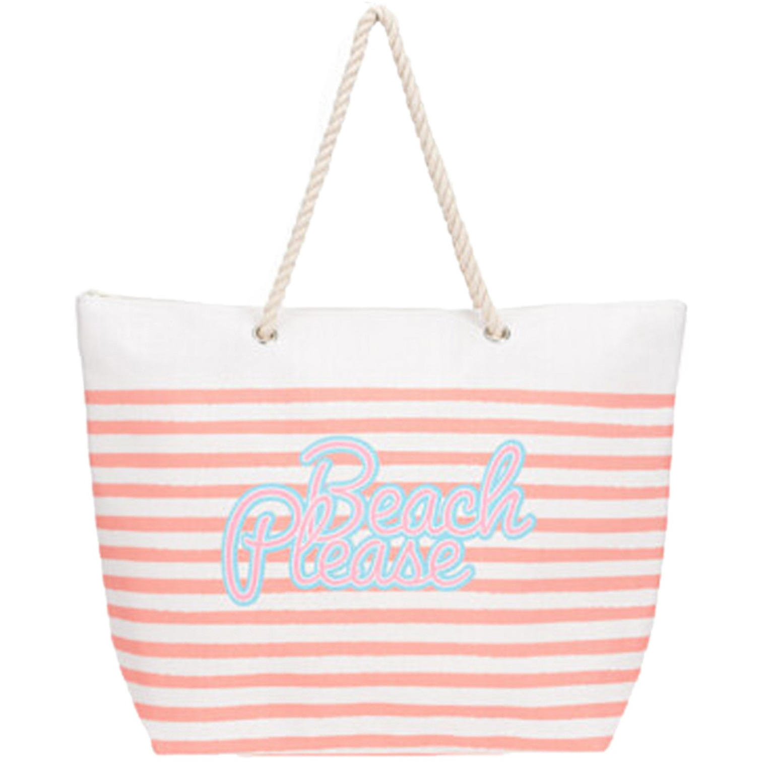 Strandtas met handvat wit-roze gestreept met Beach Please print polyester 38 x 39 cm