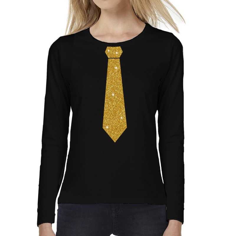 Stropdas goud glitter long sleeve t-shirt zwart voor dames