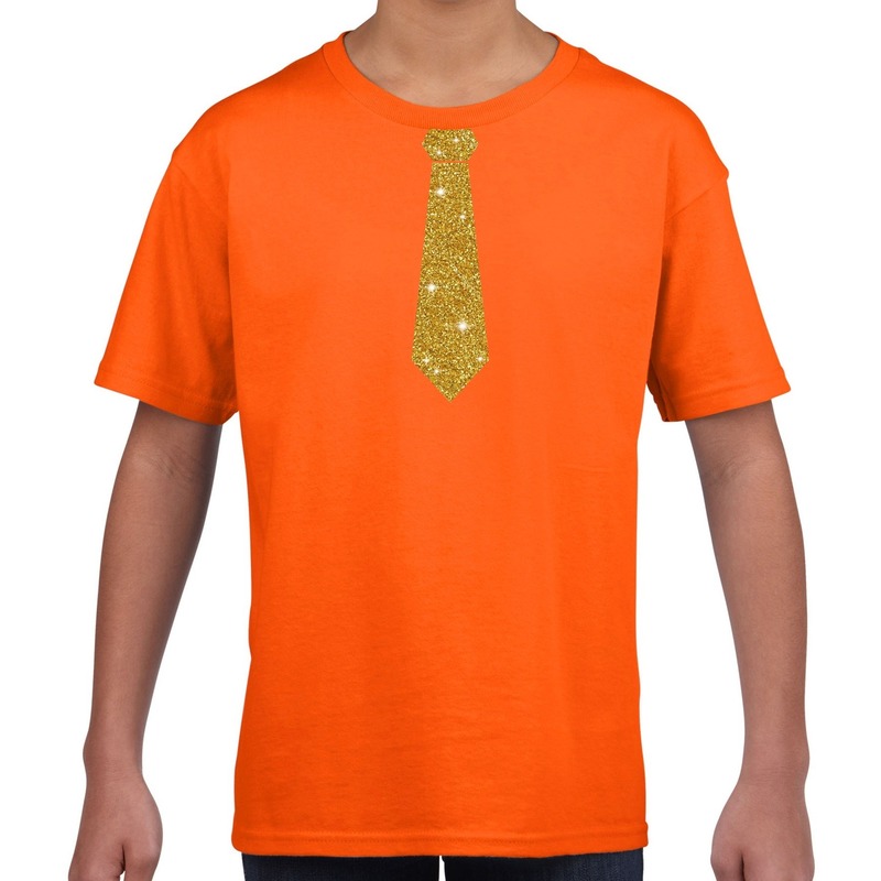 Stropdas goud glitter t-shirt oranje voor kinderen