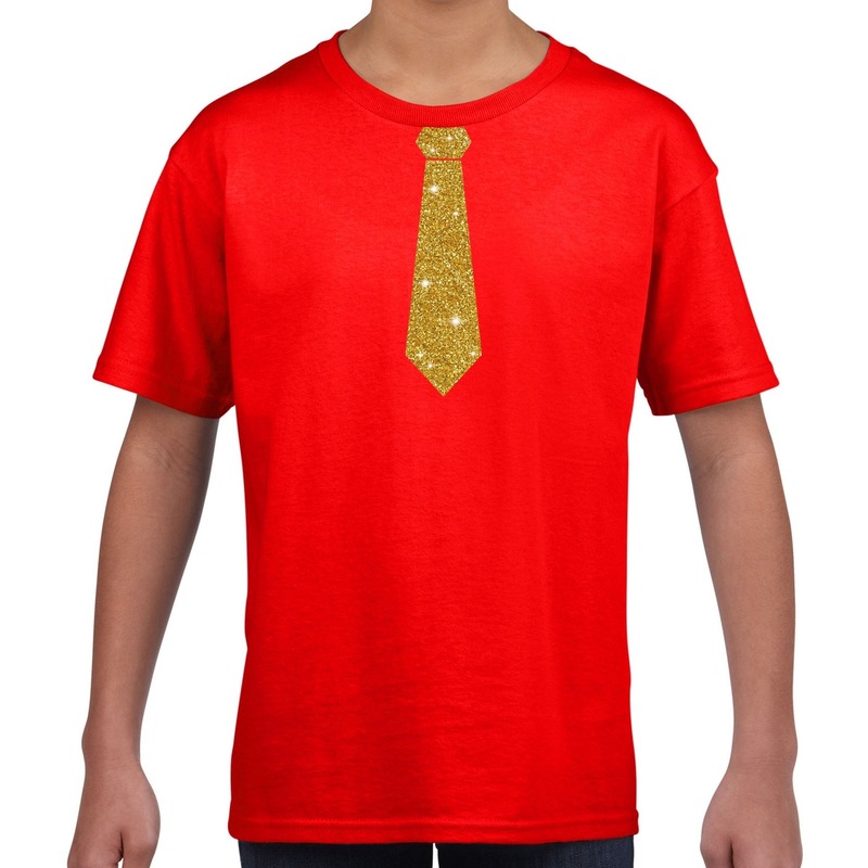 Stropdas goud glitter t-shirt rood voor kinderen