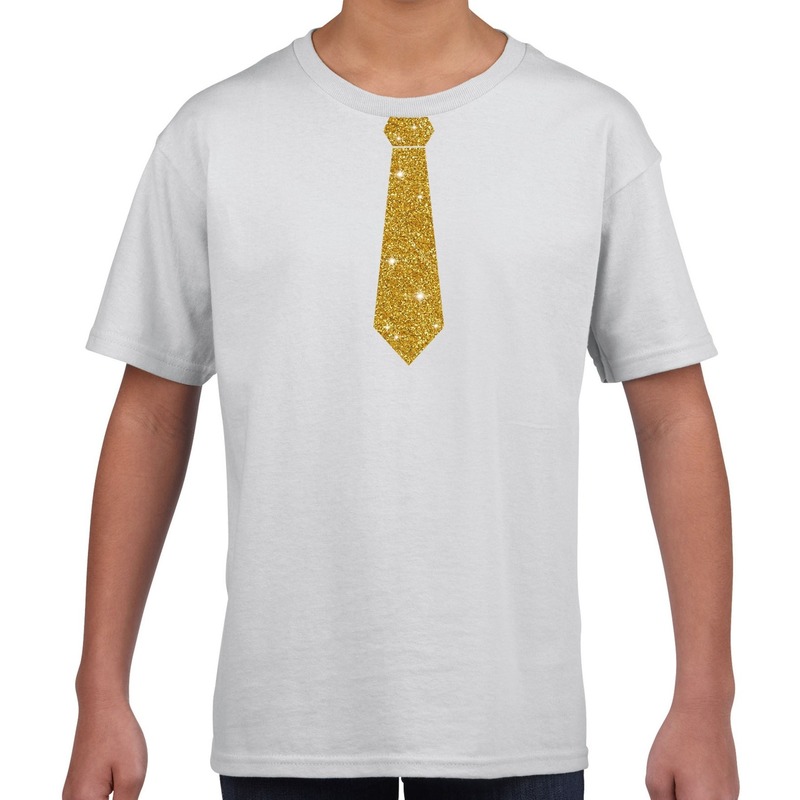Stropdas goud glitter t-shirt wit voor kinderen