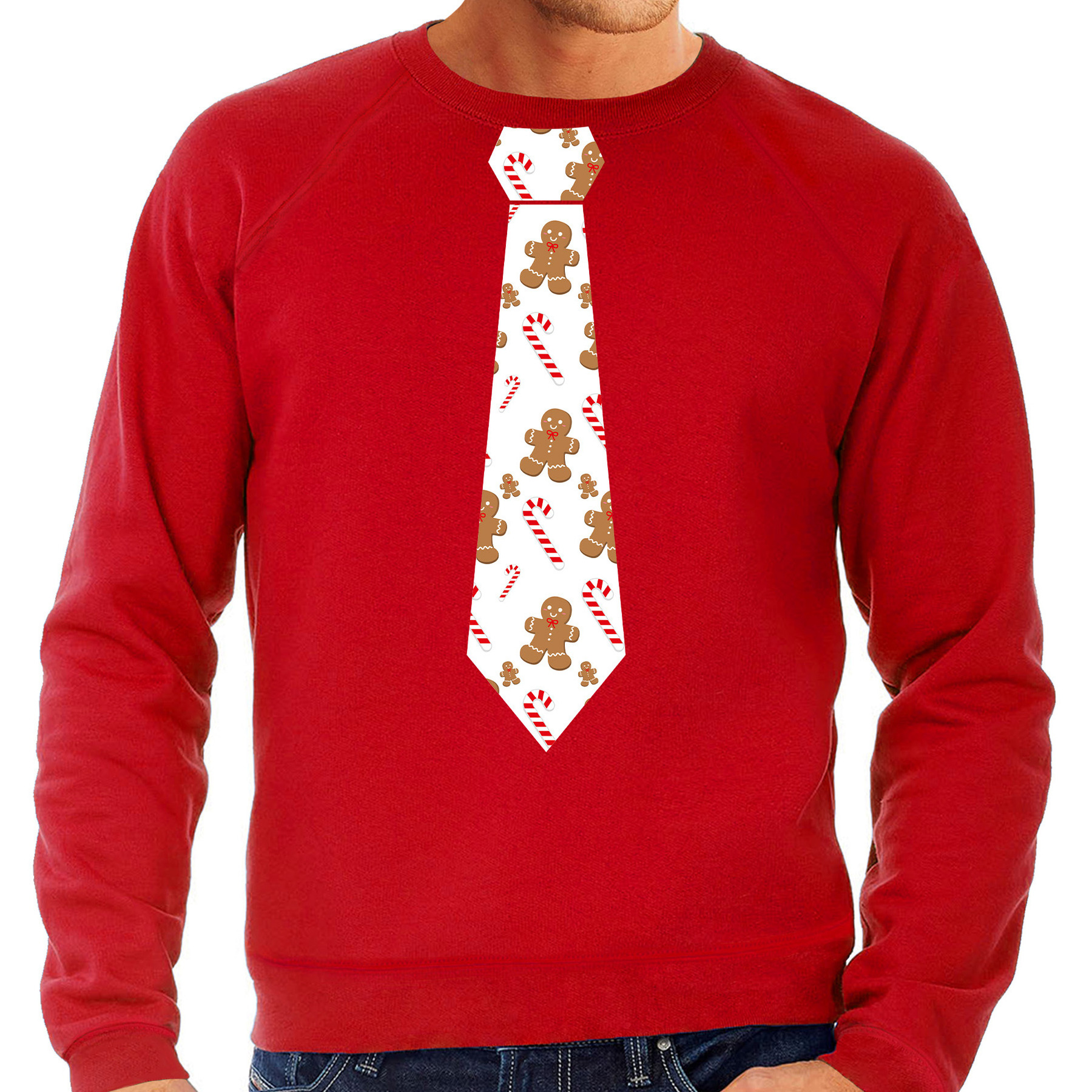 Stropdas Kersttrui-kerst sweater gingerbread zuurstok rood voor heren