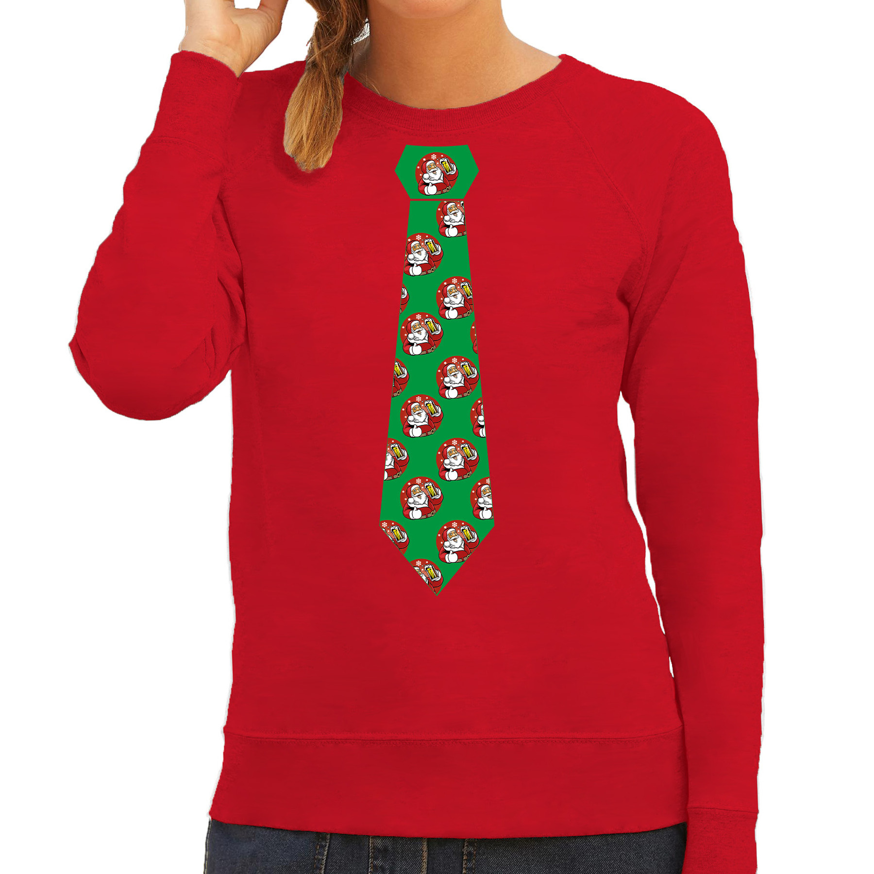 Stropdas Kersttrui-kerst sweater kerstman met bier rood voor dames