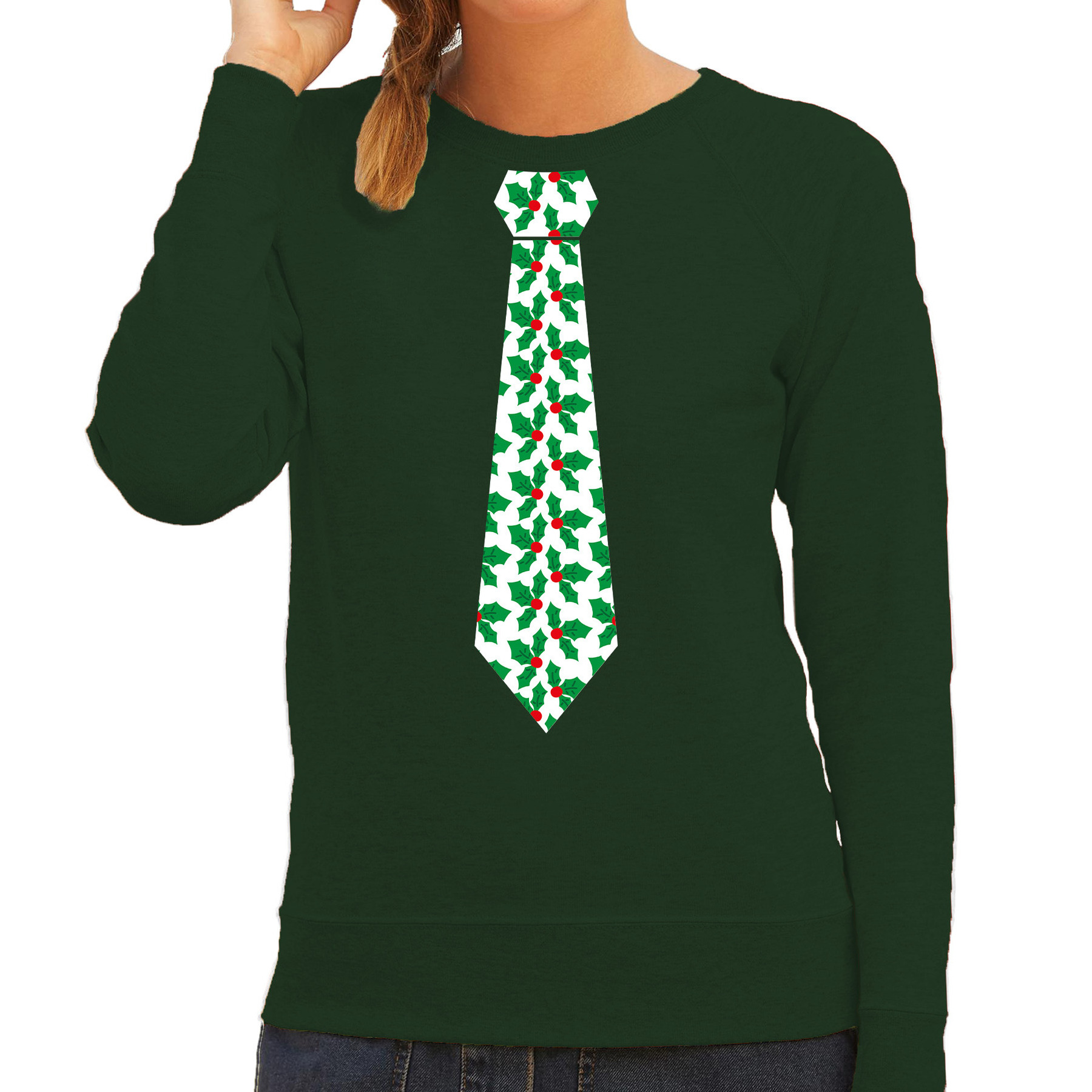 Stropdas Kersttrui-kerst sweater mistletoe groen voor dames