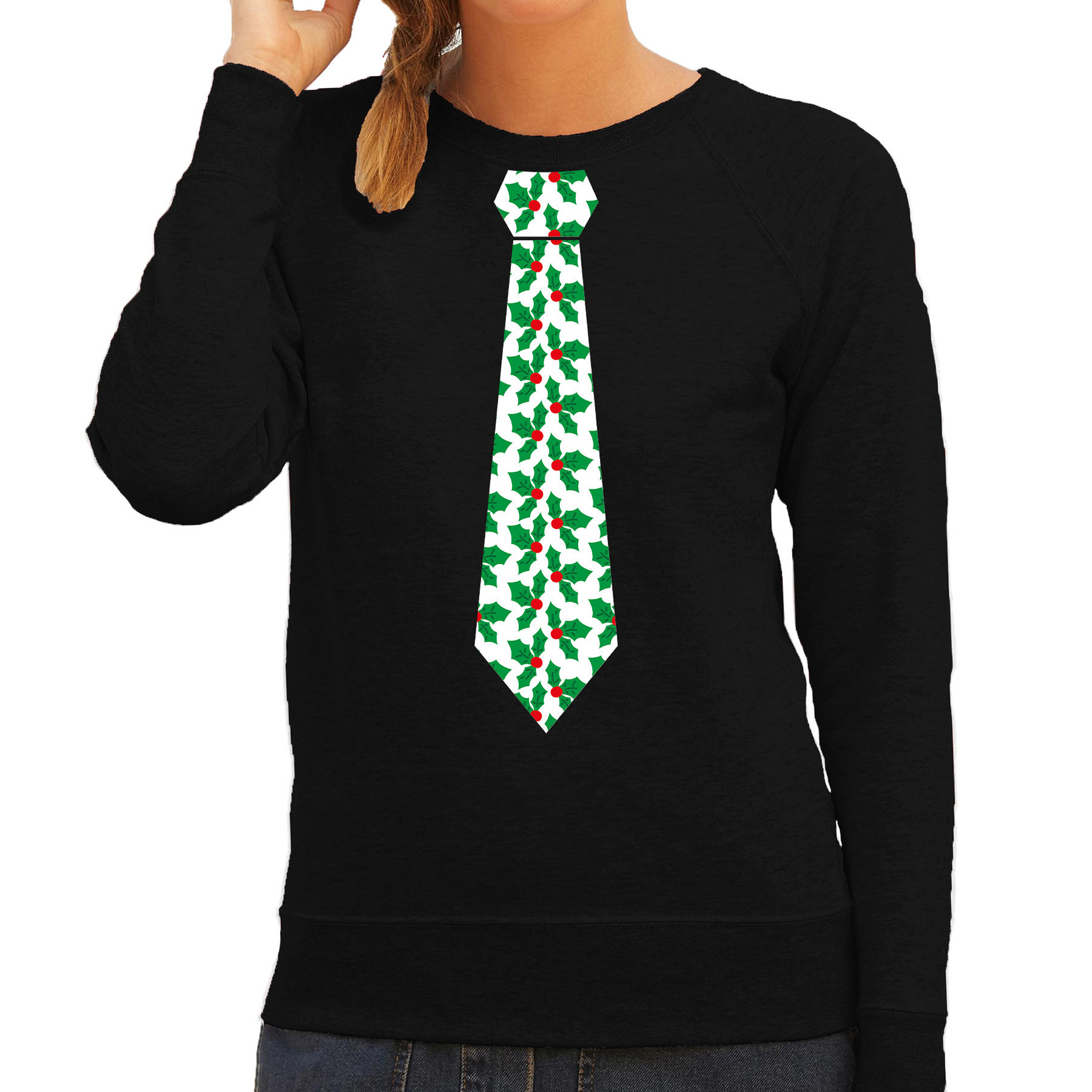 Stropdas Kersttrui-Kerst sweater mistletoe zwart voor dames