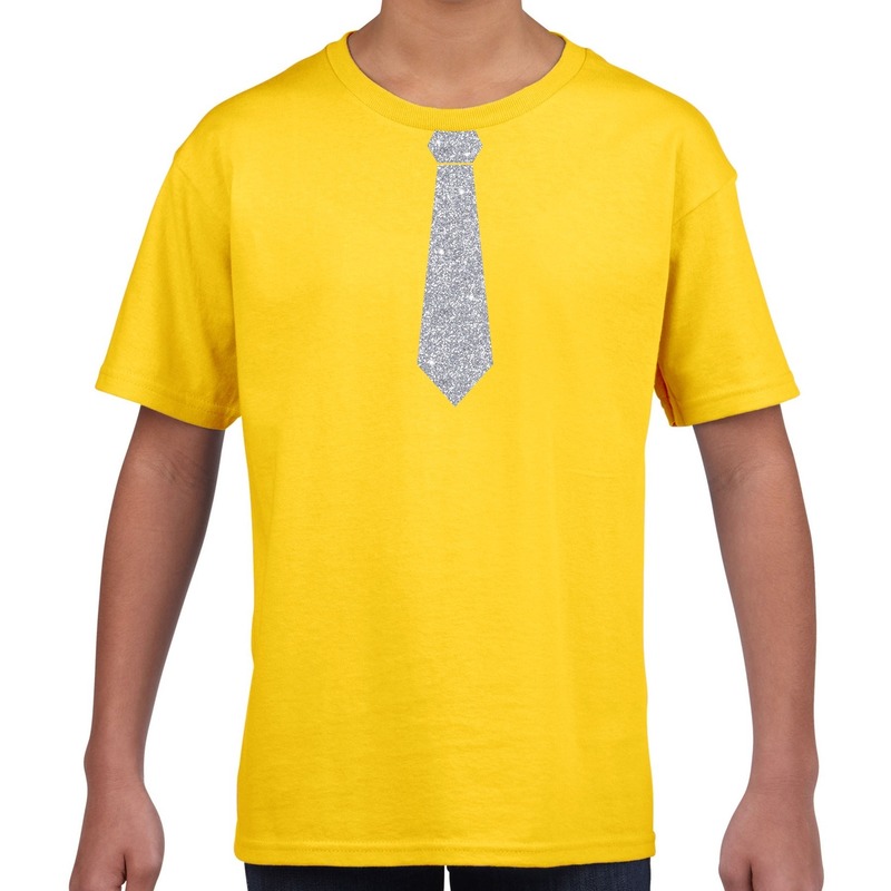 Stropdas zilver glitter t-shirt geel voor kinderen