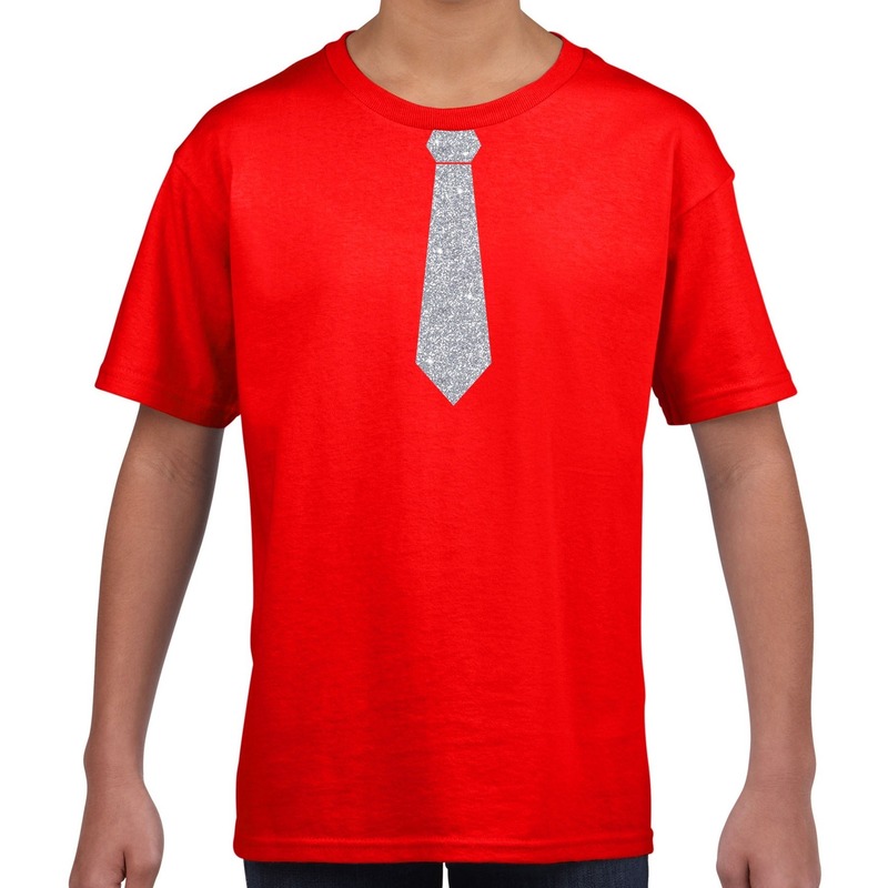 Stropdas zilver glitter t-shirt rood voor kinderen