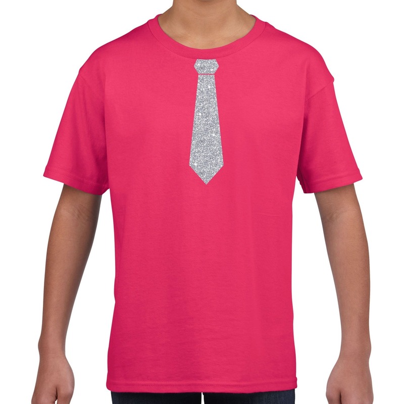 Stropdas zilver glitter t-shirt roze voor kinderen
