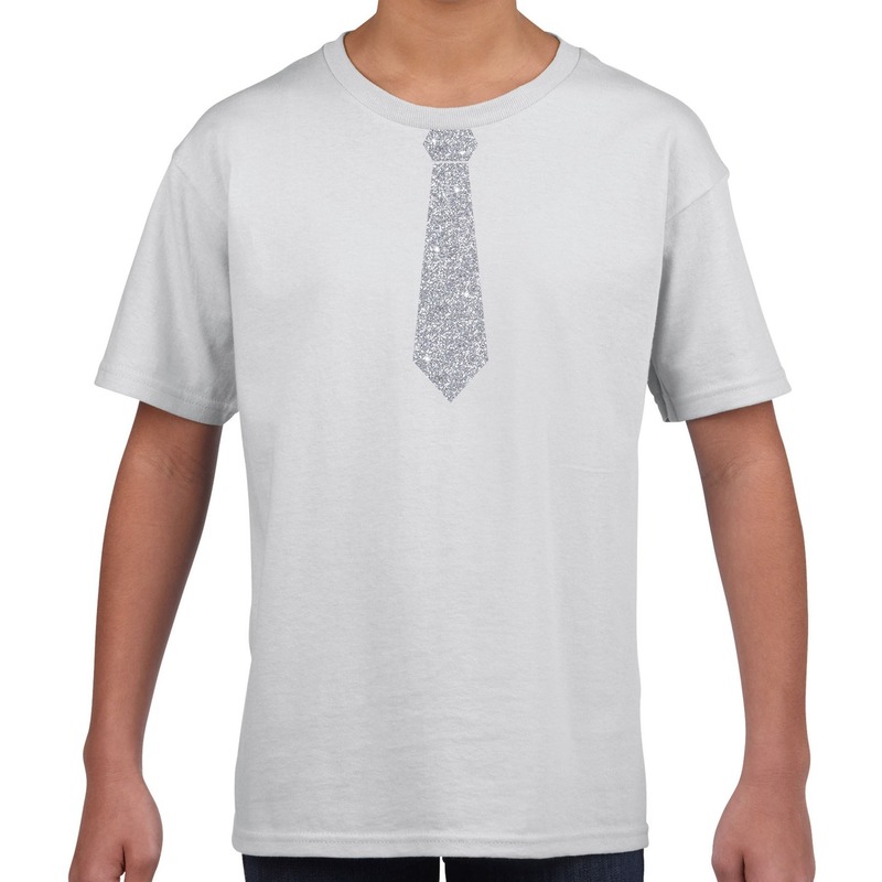 Stropdas zilver glitter t-shirt wit voor kinderen