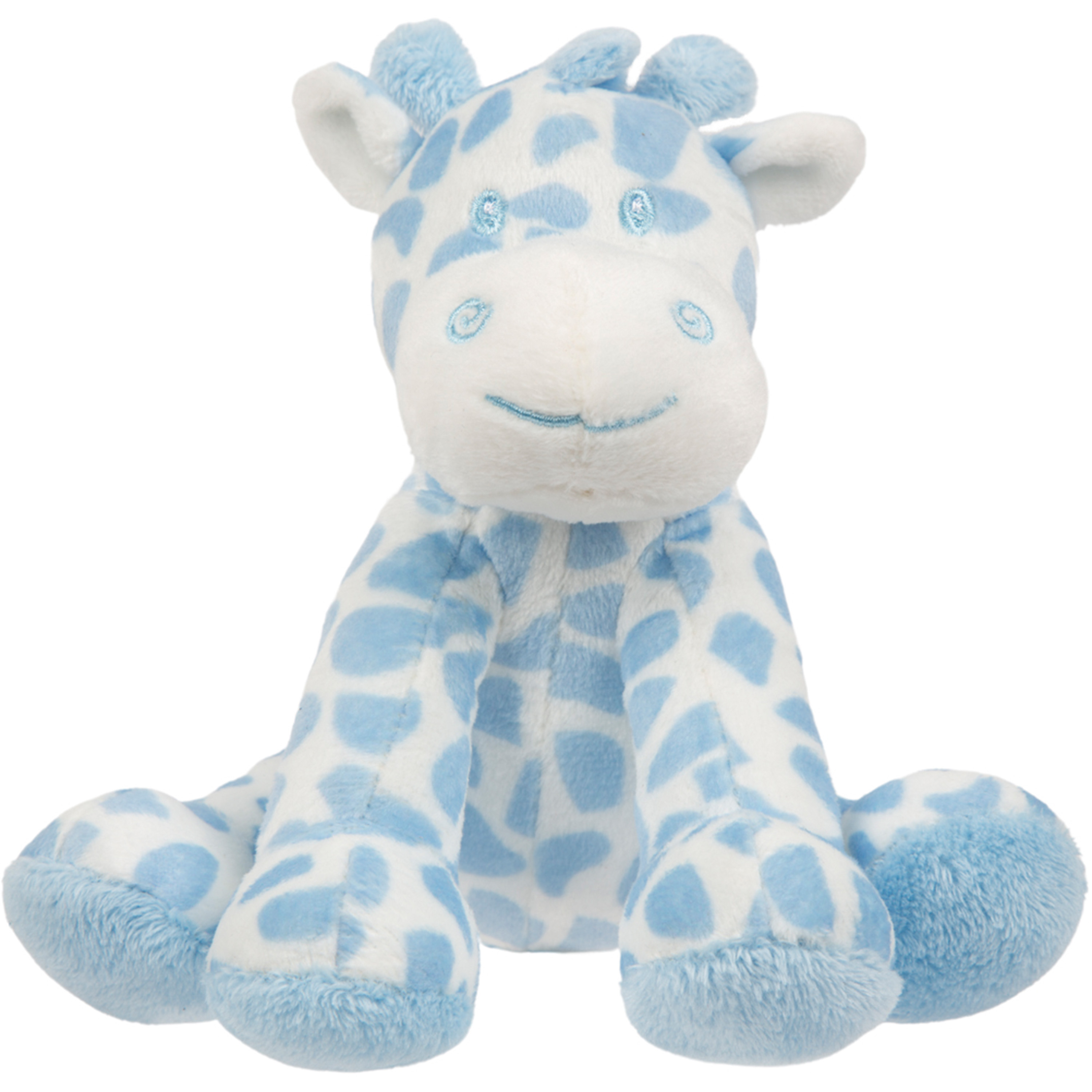Suki Gifts pluche gevlekte giraffe knuffeldier blauw-wit zittend 14 cm
