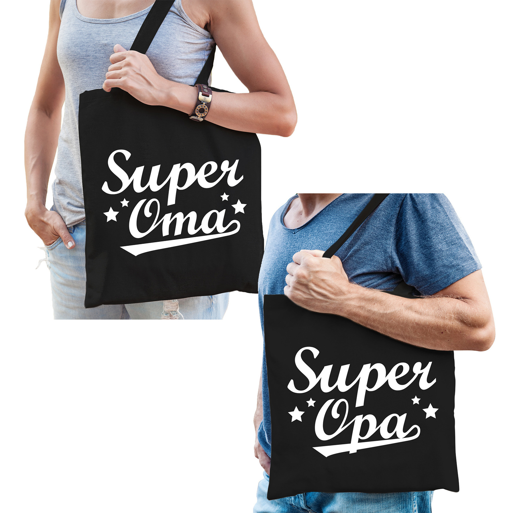 Super Opa en Oma tasje zwart Cadeau tassen set voor Opa en Oma
