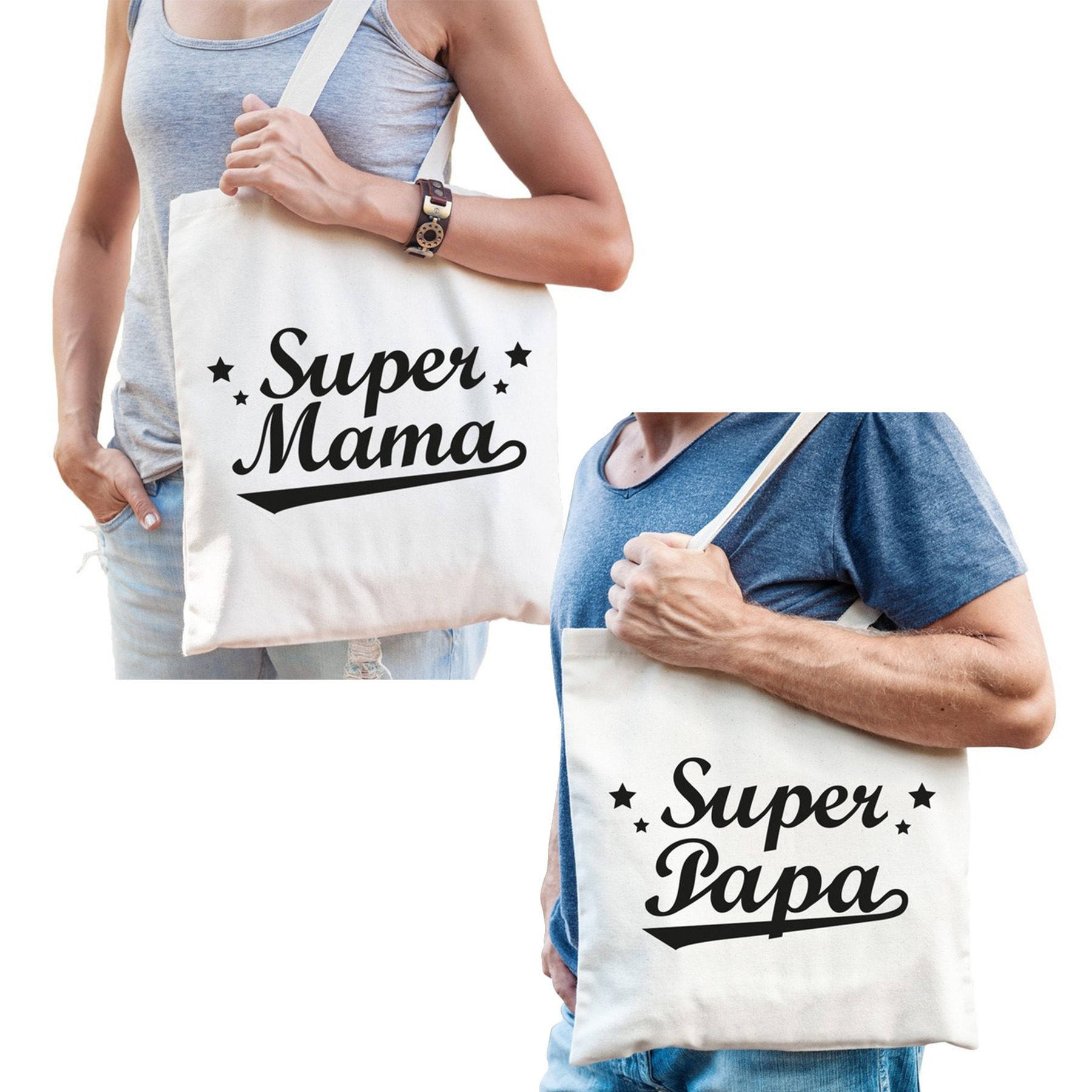 Super papa en Super mama tasje Cadeau tassen set voor Papa en Mama