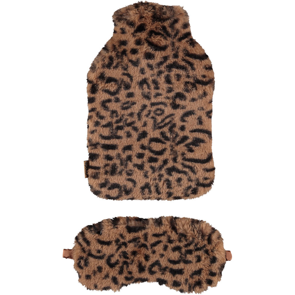 Superzachte fluffy cheetah-luipaard print warmwaterkruik en slaapmasker cadeau set bruin