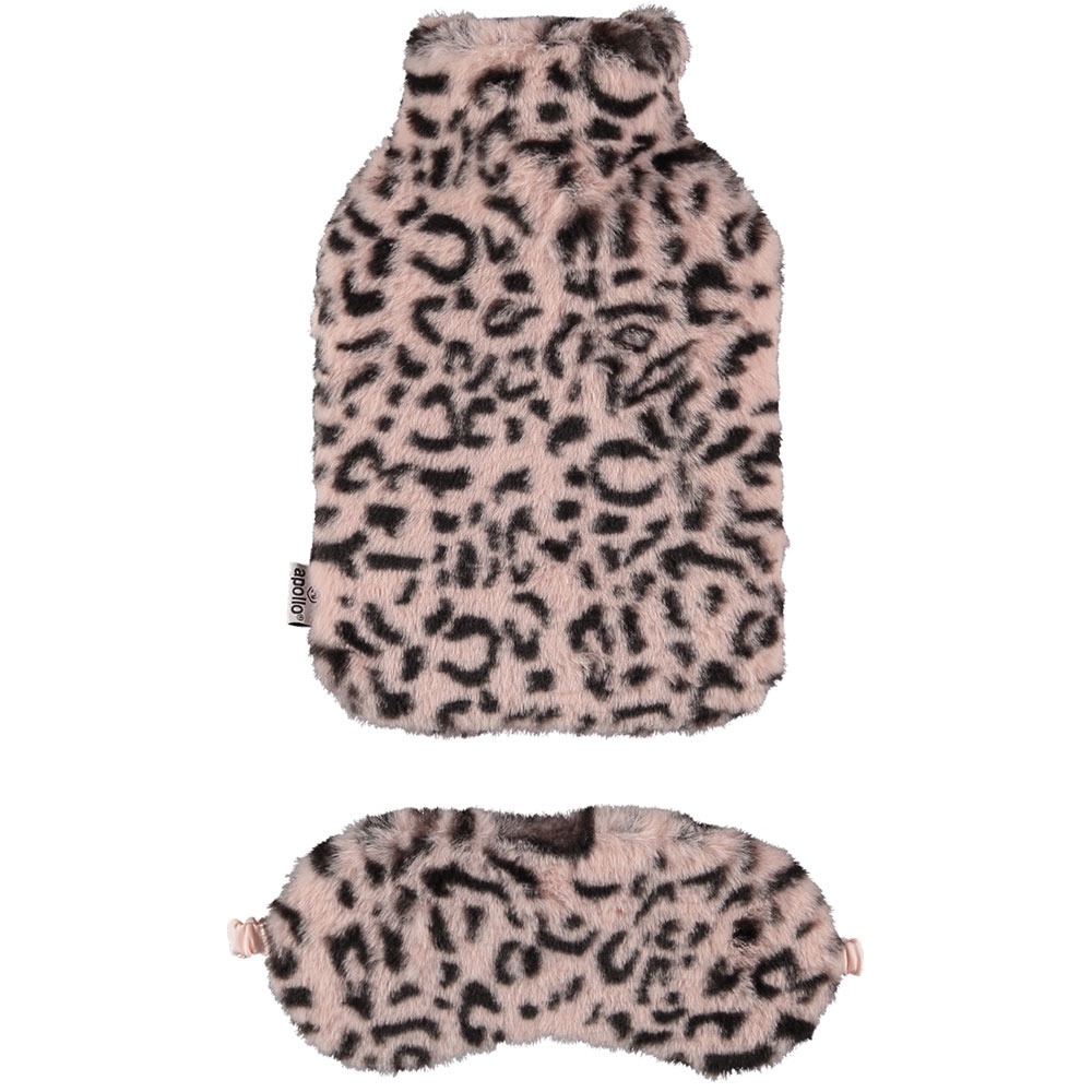 Superzachte fluffy cheetah-luipaard print warmwaterkruik en slaapmasker cadeau set roze